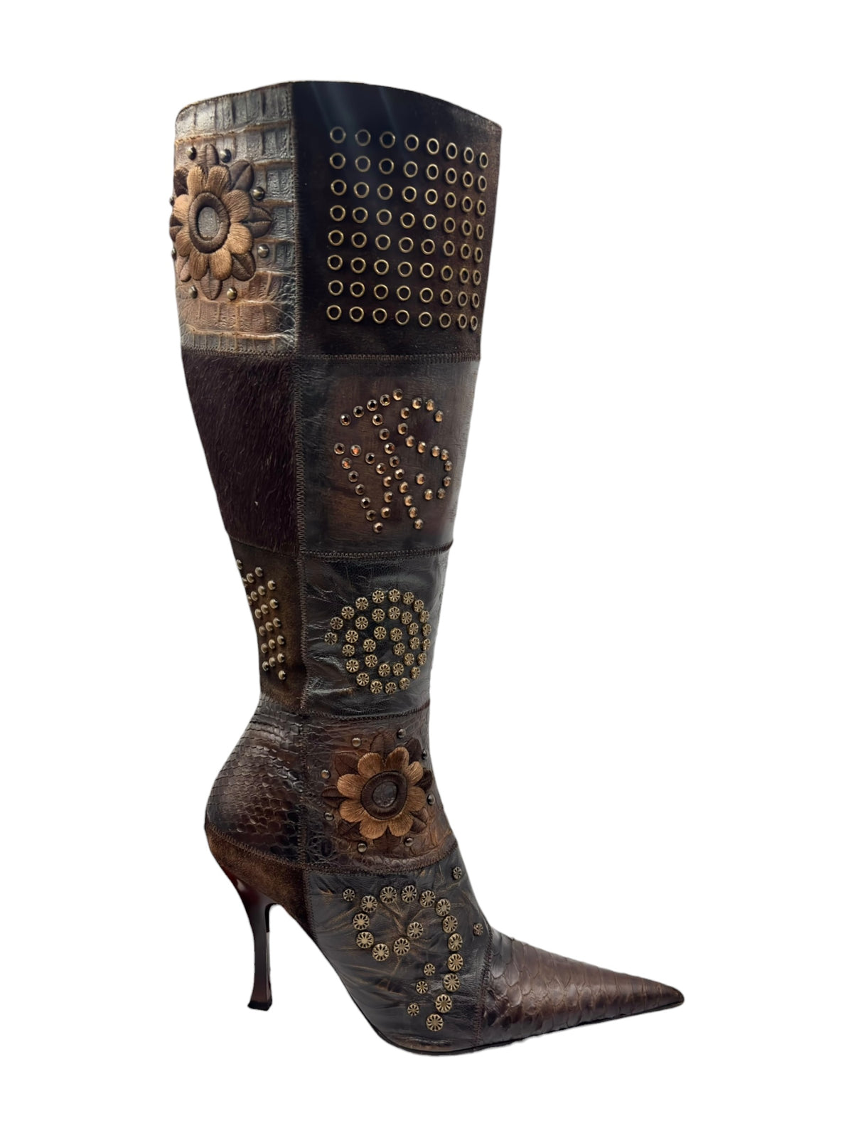 Vintage knee-high leather boot in dark brown with stud panels and floral embellishments