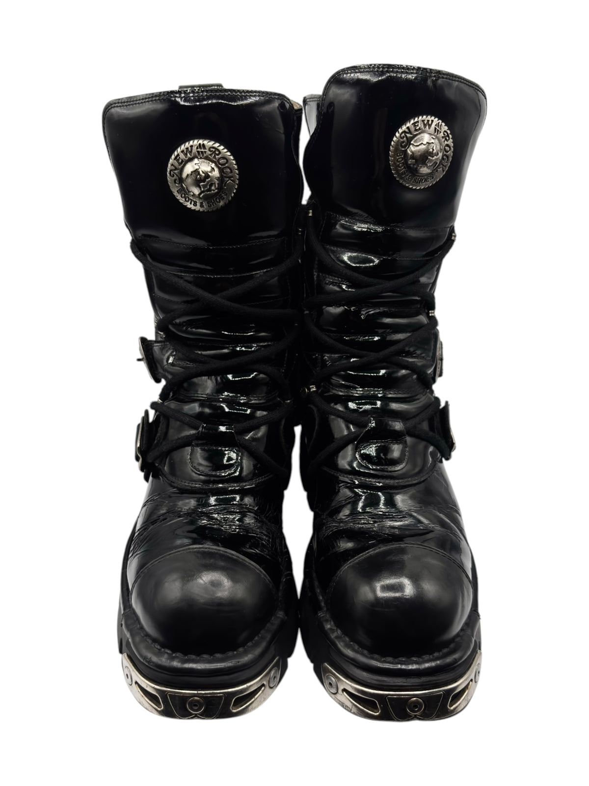 Vintage New Rock mid-calf leather boots in black with laces and round emblem patches