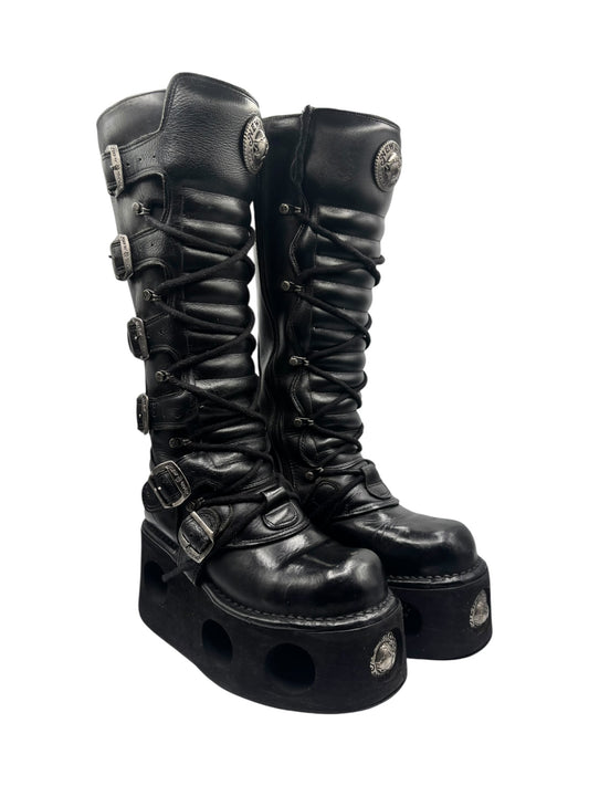 New Rock vintage knee-high platform boots, black leather, lace-up with side buckles