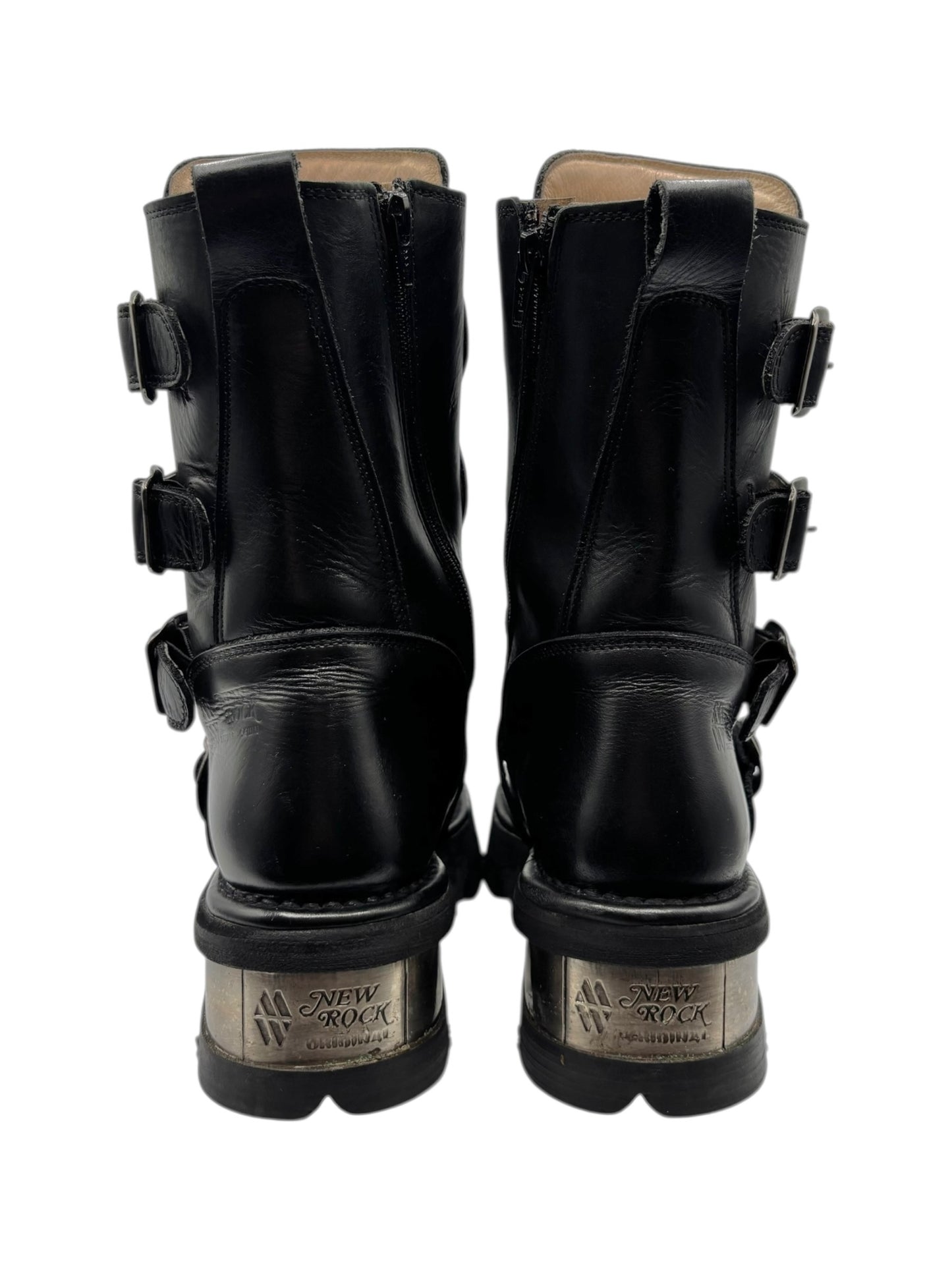 Vintage New Rock buckled raised-heel mid-calf leather boots size 39