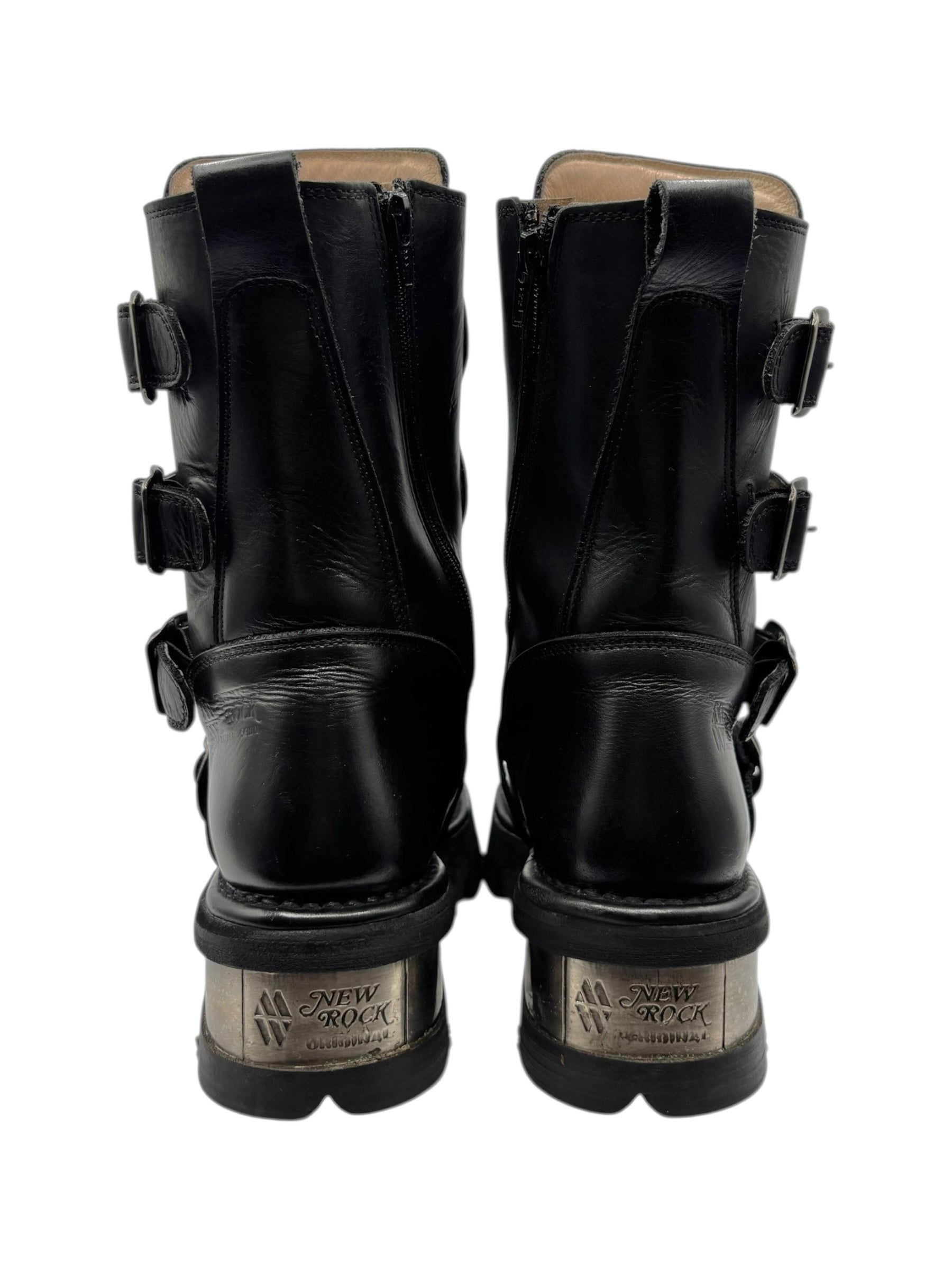 Vintage New Rock buckled raised-heel mid-calf leather boots size 39