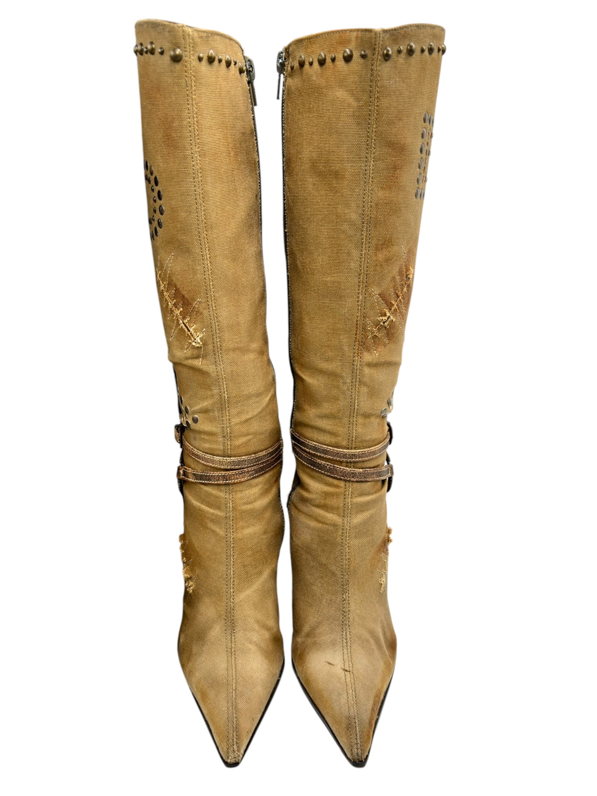 El Dantes tan knee-high boots with studded tops, layered cuffs, and pointed toe