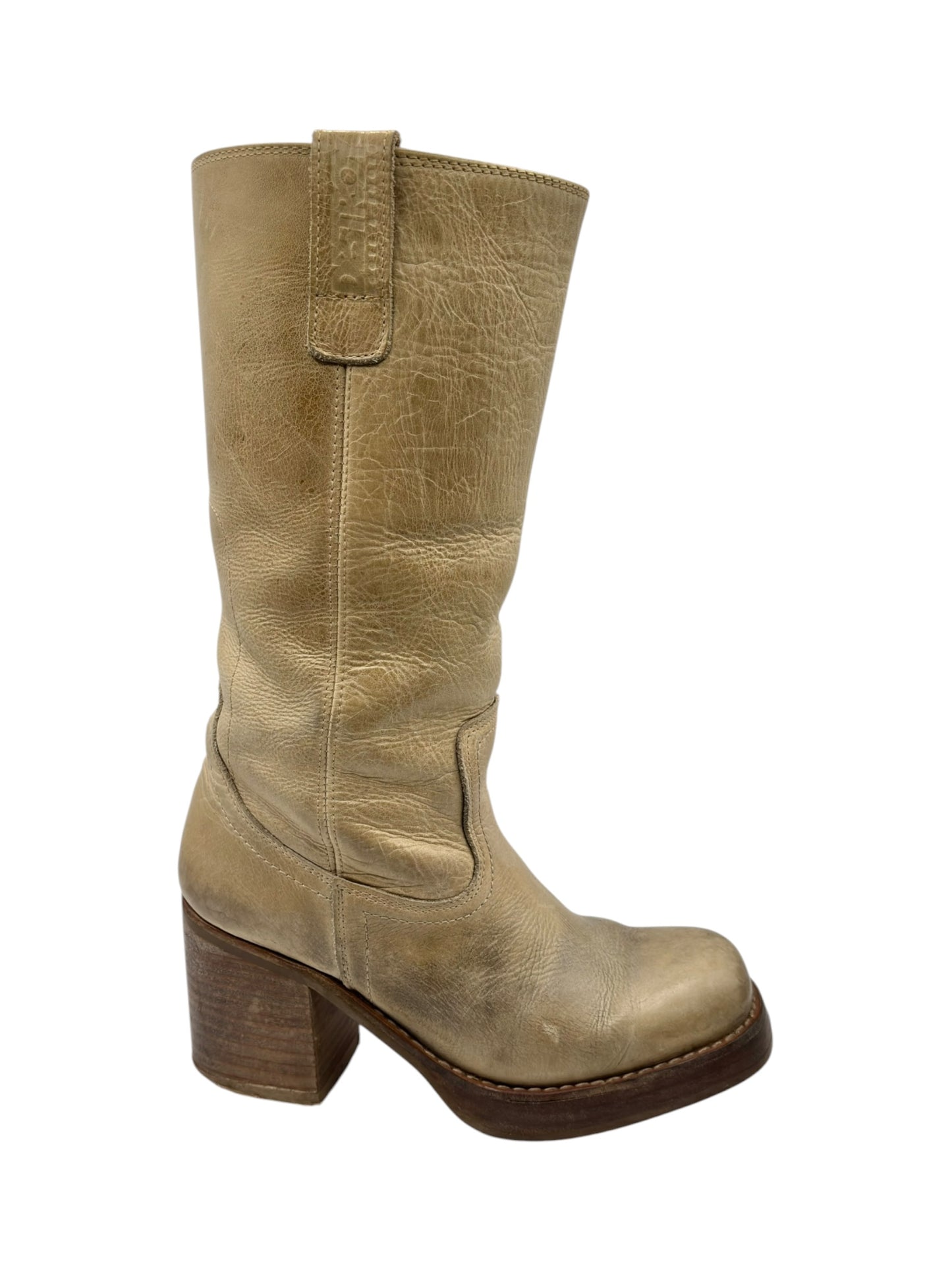 Vintage Destroy beige knee high block platform leather boots