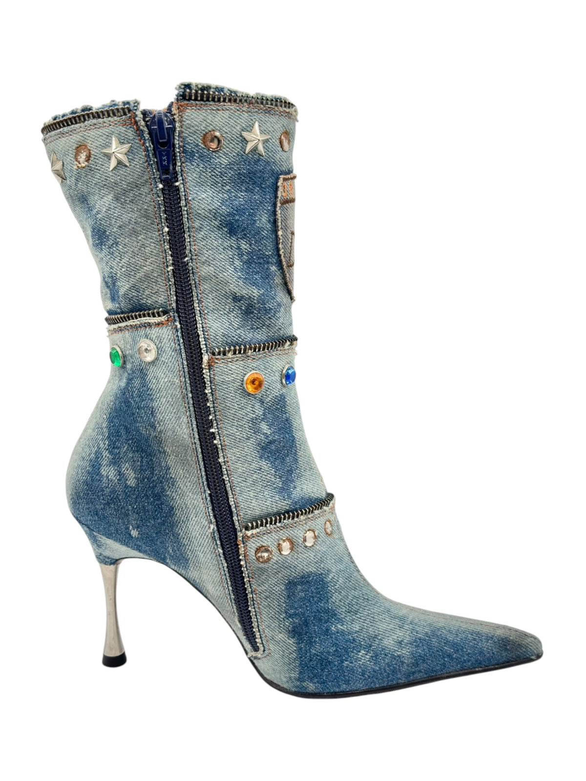Blue mid-calf denim boot with side zipper, star decorations, and stiletto heel.