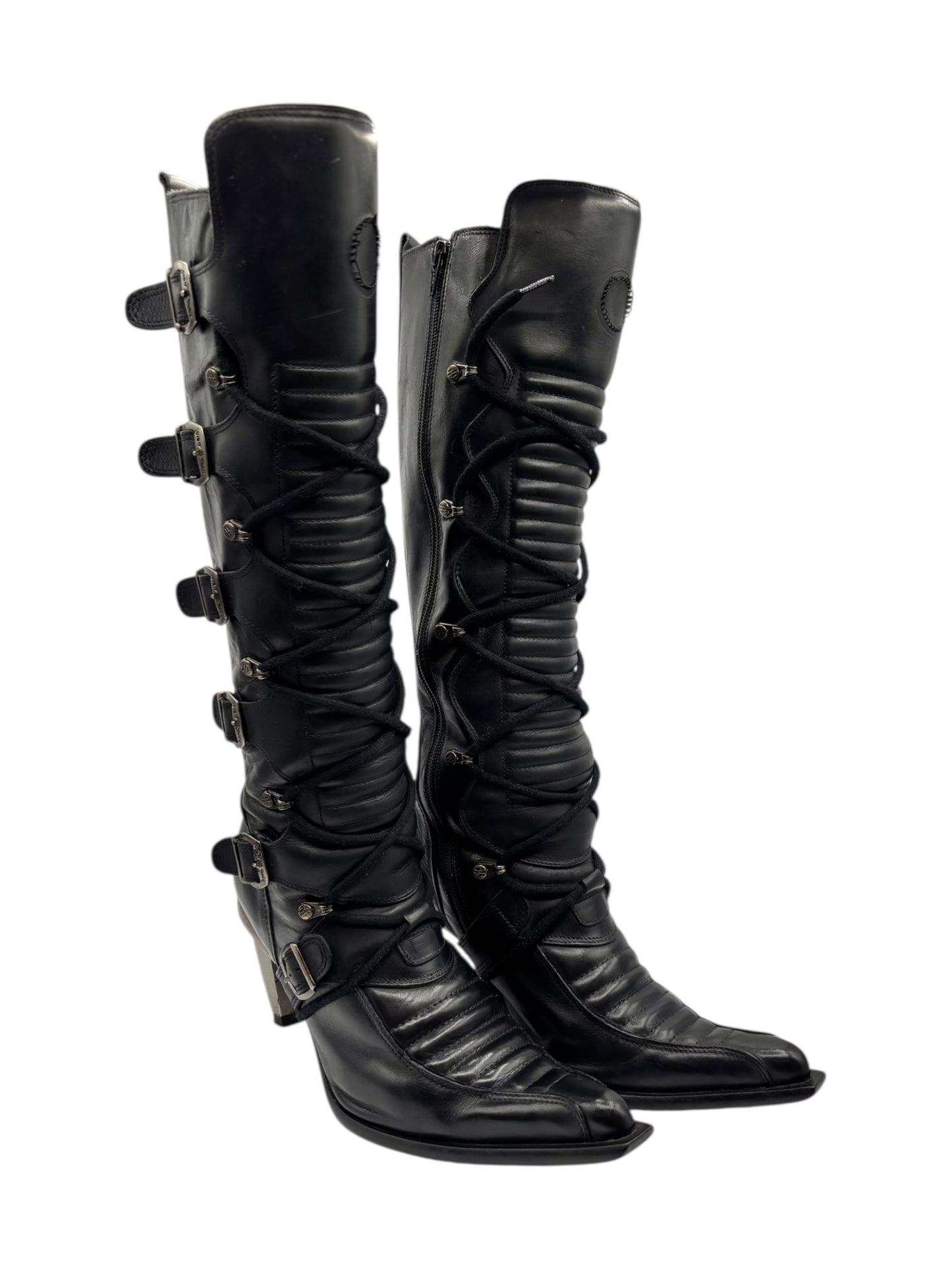 Vintage New Rock knee high leather biker heels size 38
