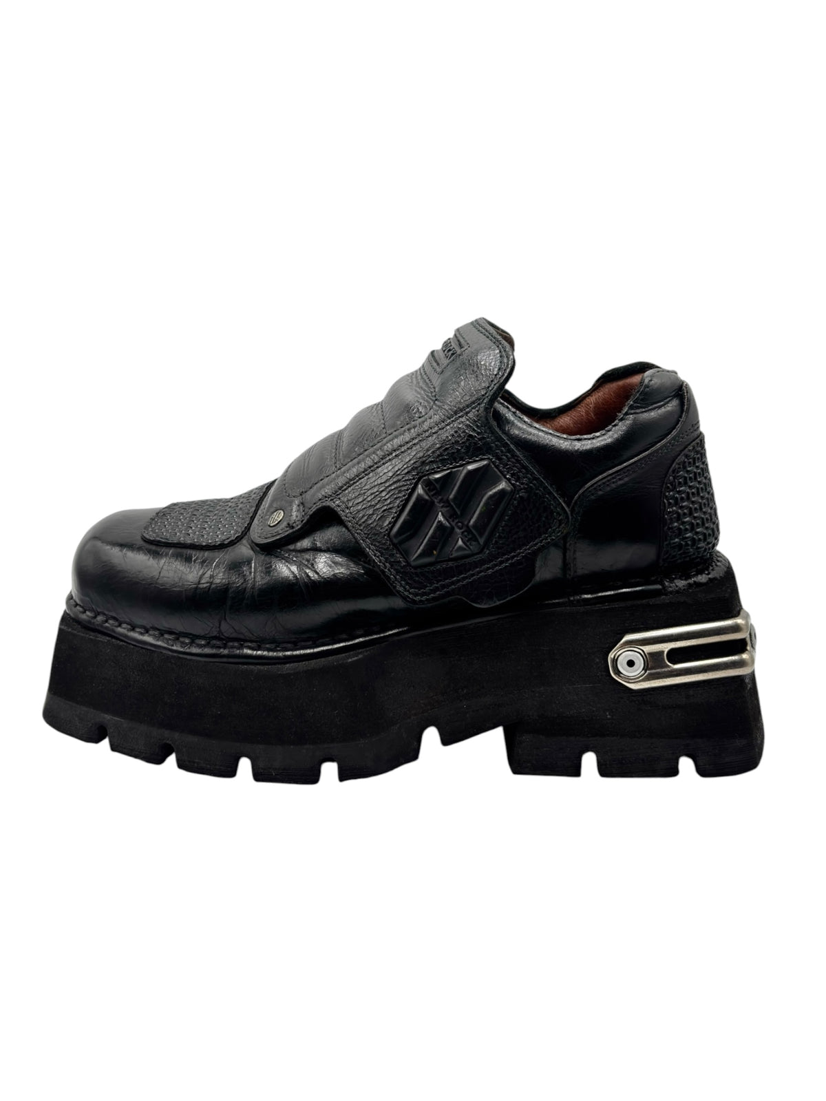 Vintage New Rock platform boots: black leather slip-on with metal side strap buckle