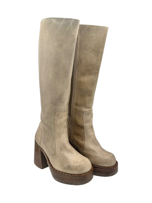 Beige suede block platform mid-calf boots with chunky heel and pull-on shaft