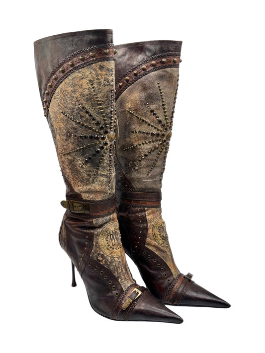 Vintage brown leather tall boots, pointed toe, buckle strap, high stiletto heel