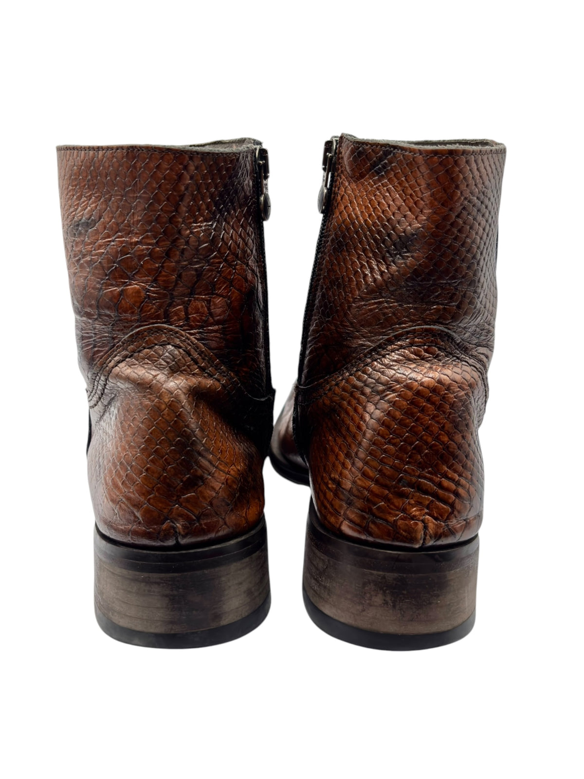 Pair of back views showing brown snake-pattern shafts and dark heel blocks