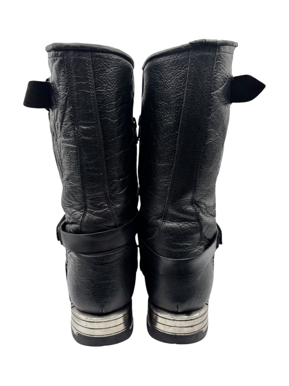 Black leather biker boots back view with ankle straps and stacked tread heels