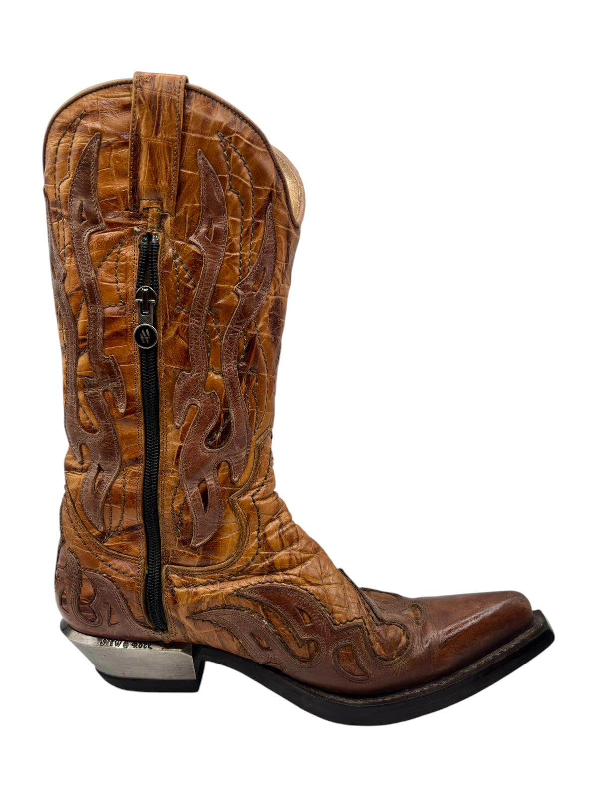 Brown cowboy boot side view with full-length zipper and flame-stitched pattern