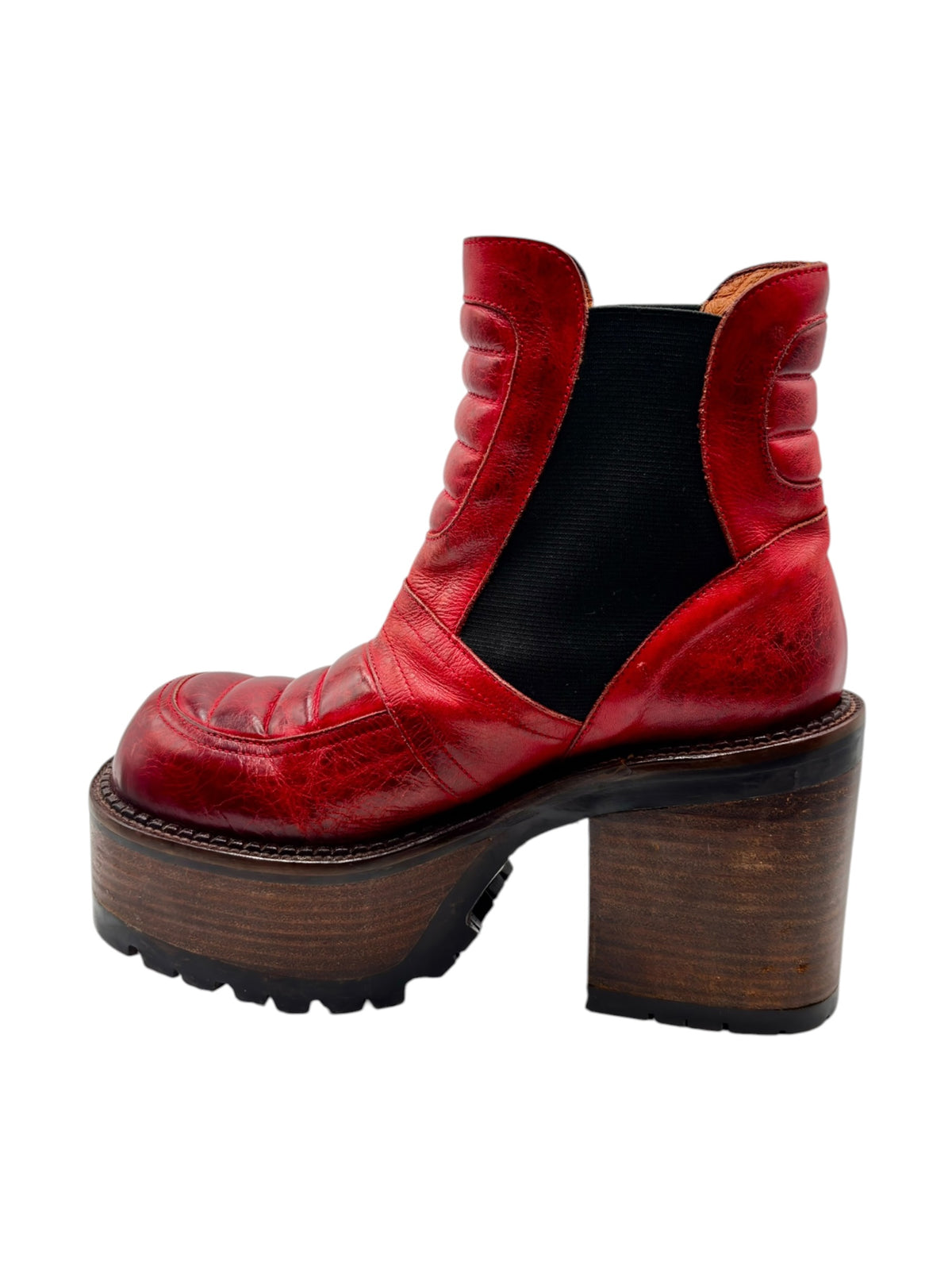 Red leather ankle boots with black elastic gore and rounded toe wooden platform heel