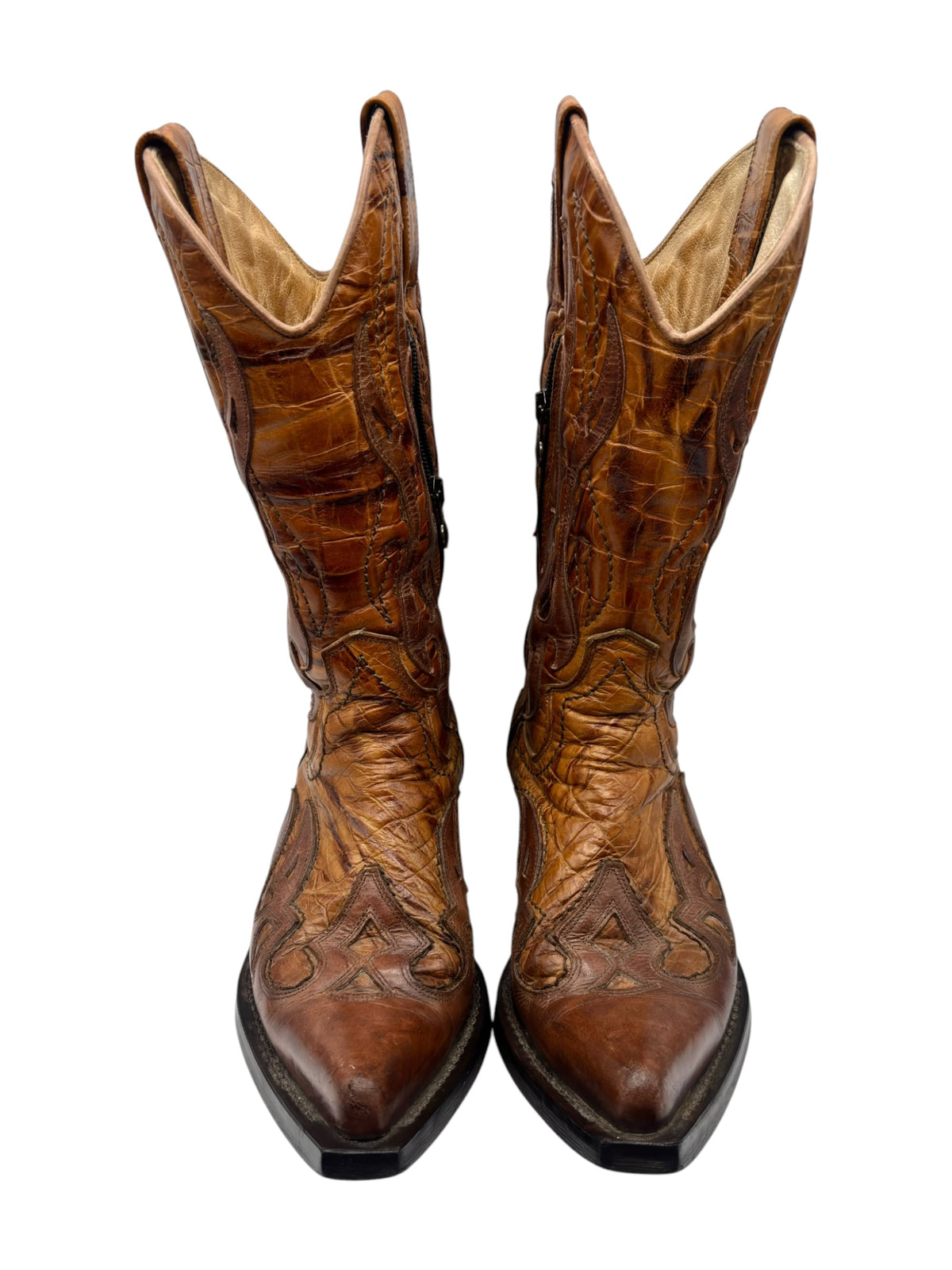 New Rock mid-calf cowboy boots, brown with flame detailing and pointed toe