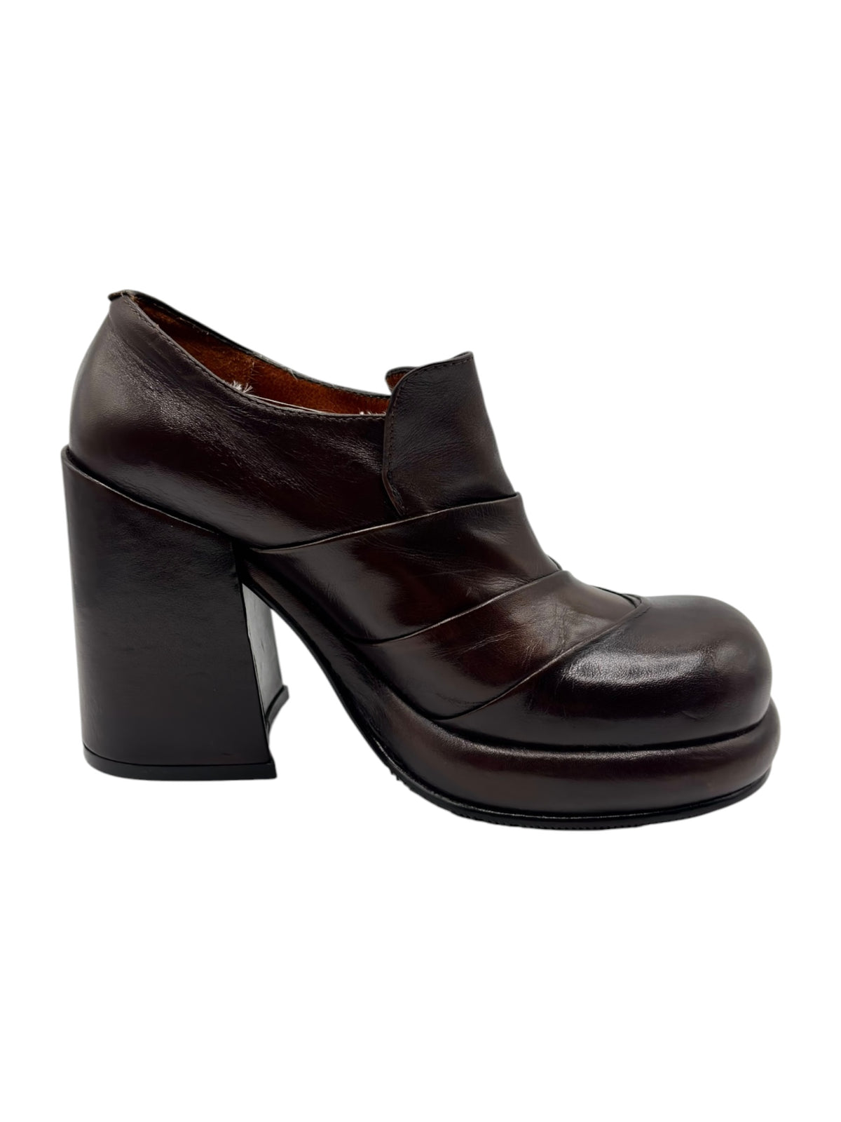 Dark brown leather heeled shoes with side strap detail and block heel