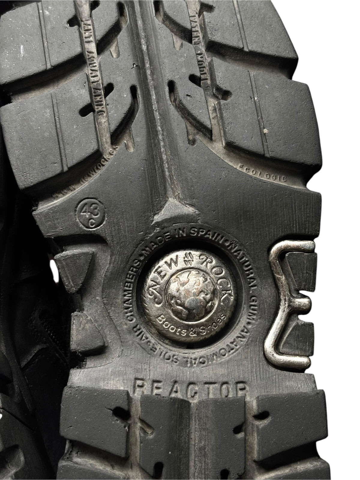 New Rock platform boot outsole tread with 'PEACEATOR' emblem detail