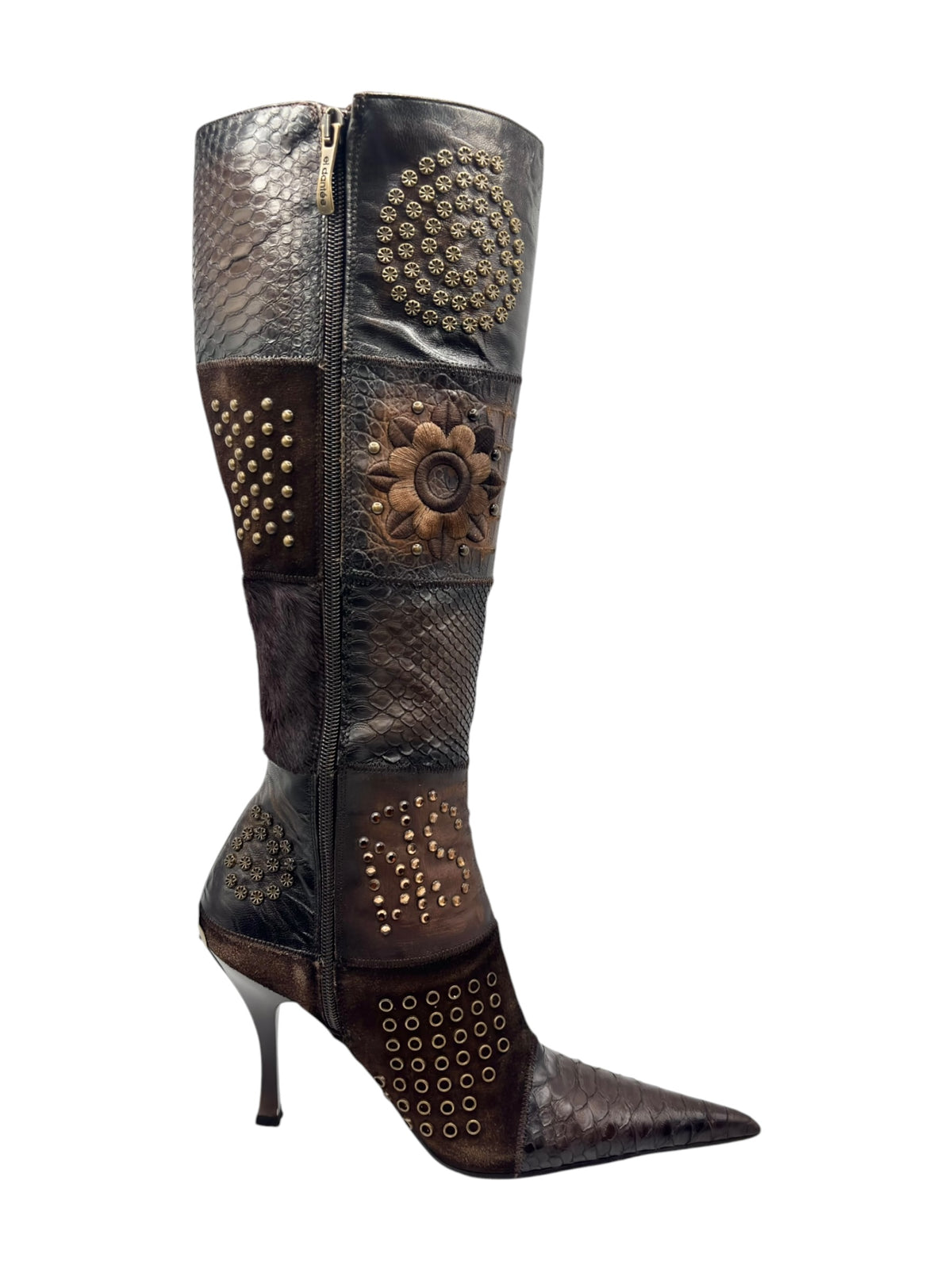 Vintage knee-high leather boots in dark brown with stud trim and side zipper