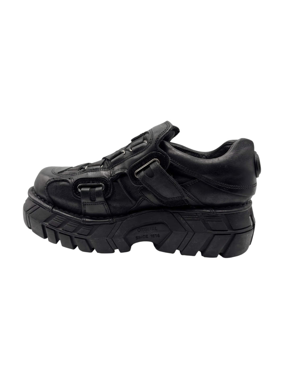 Black New Rock platform boots side view with double straps and rugged tread outsole
