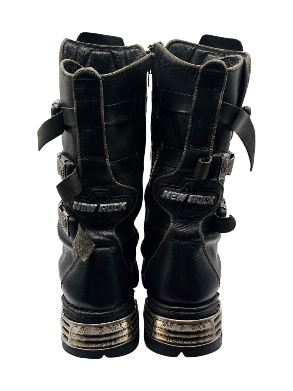 New Rock mid-calf reactor boots back view with black straps and New Rock heel details
