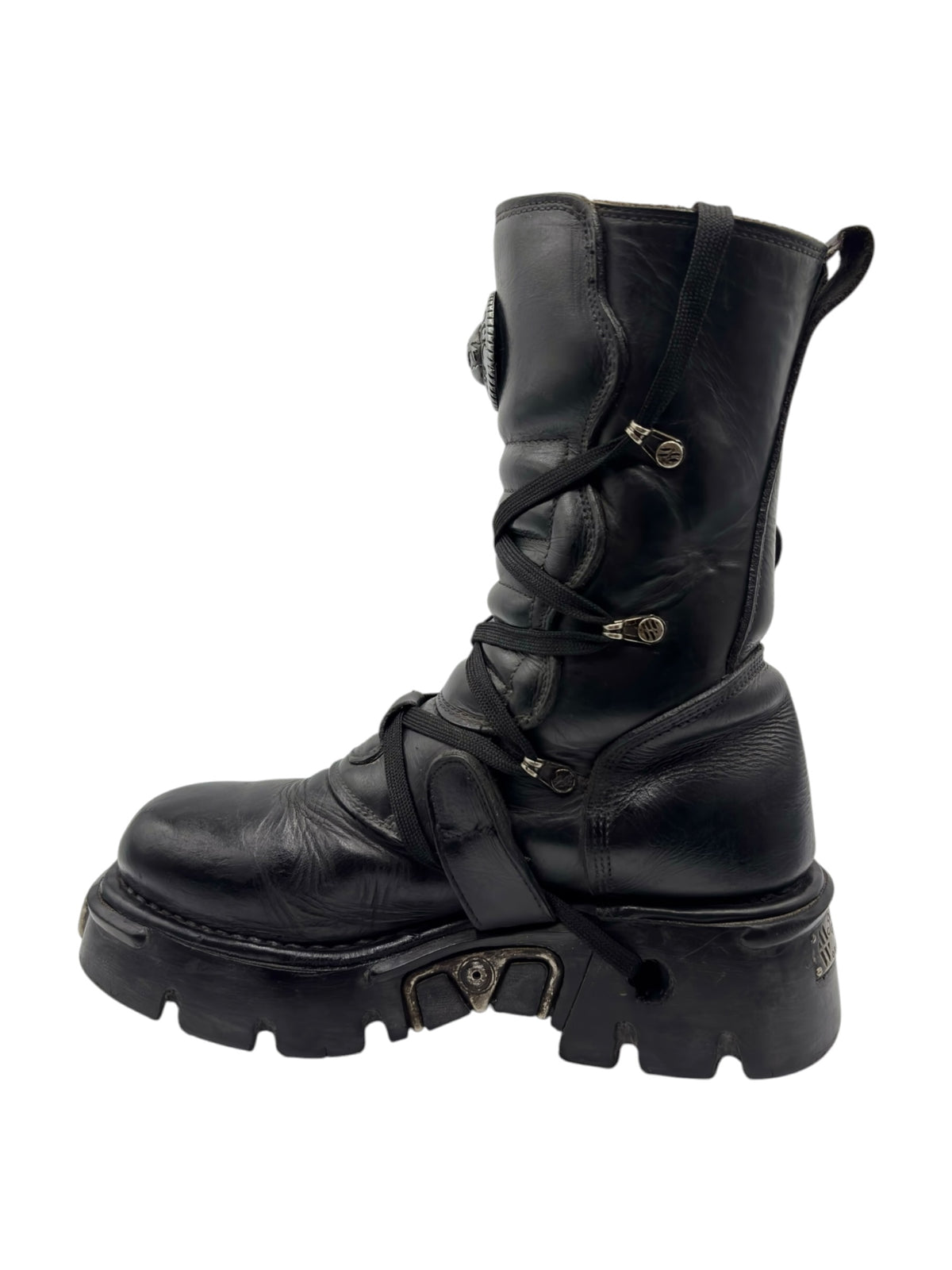Black mid-calf combat boots with side buckle strap and rugged sole