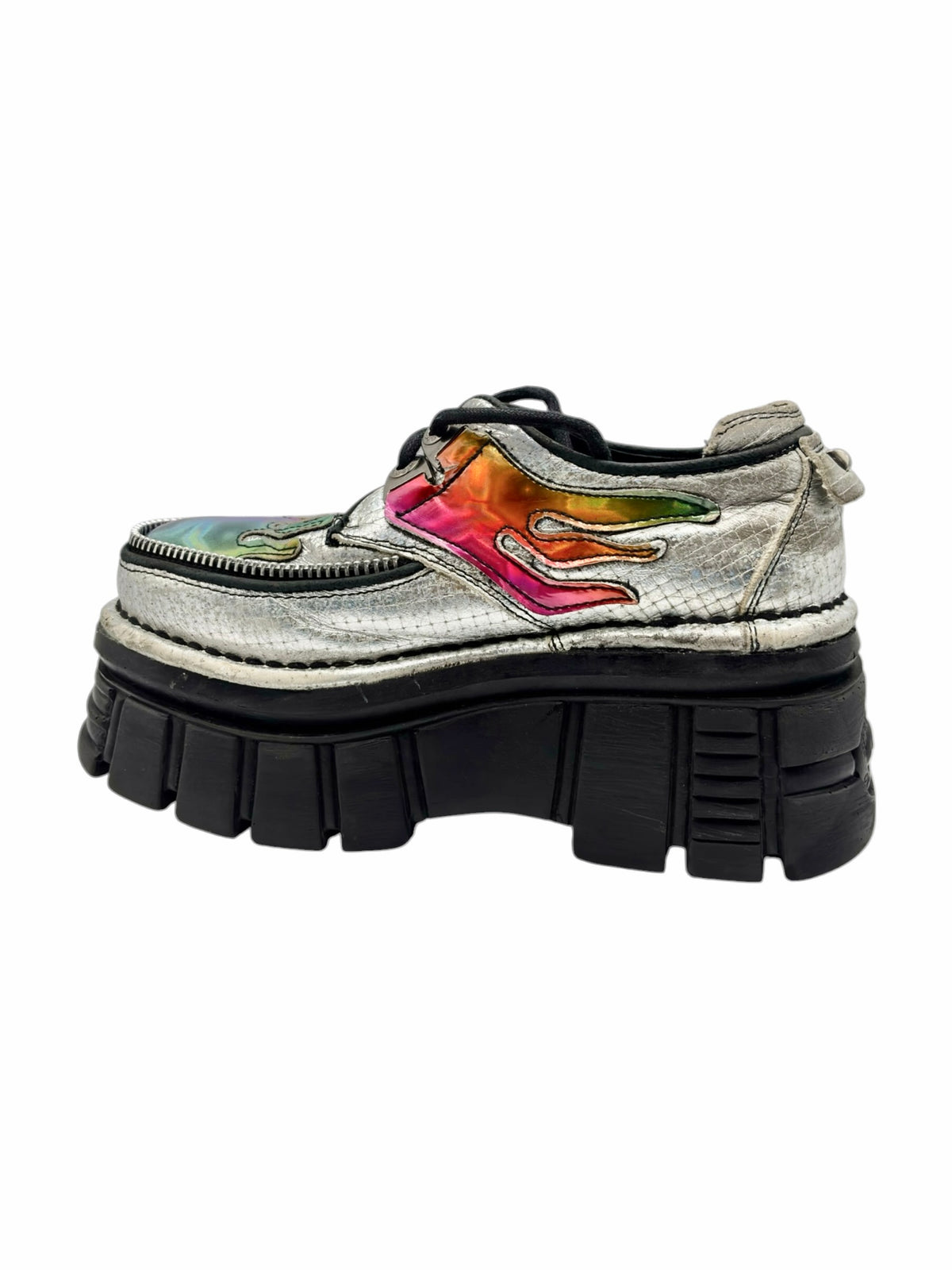 White platform ankle boots with rainbow flame applique and chunky black sole