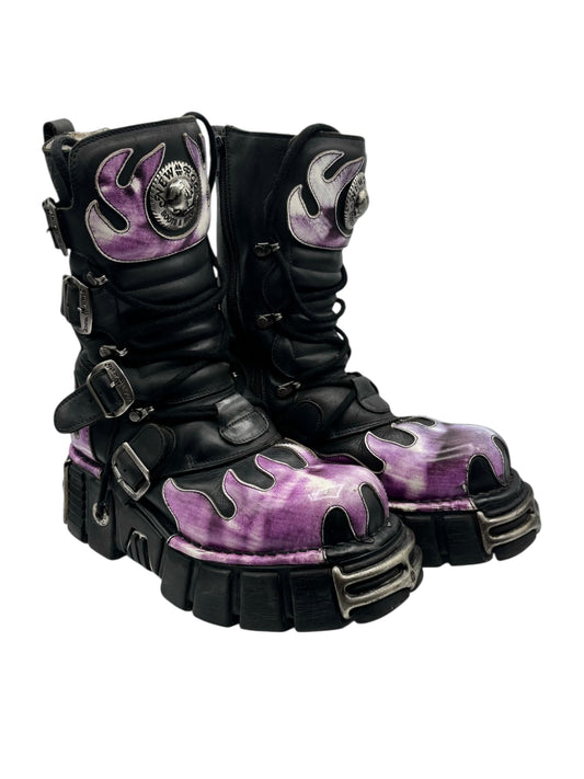 New Rock mid-calf platform boots, black leather with purple flame panels and buckles
