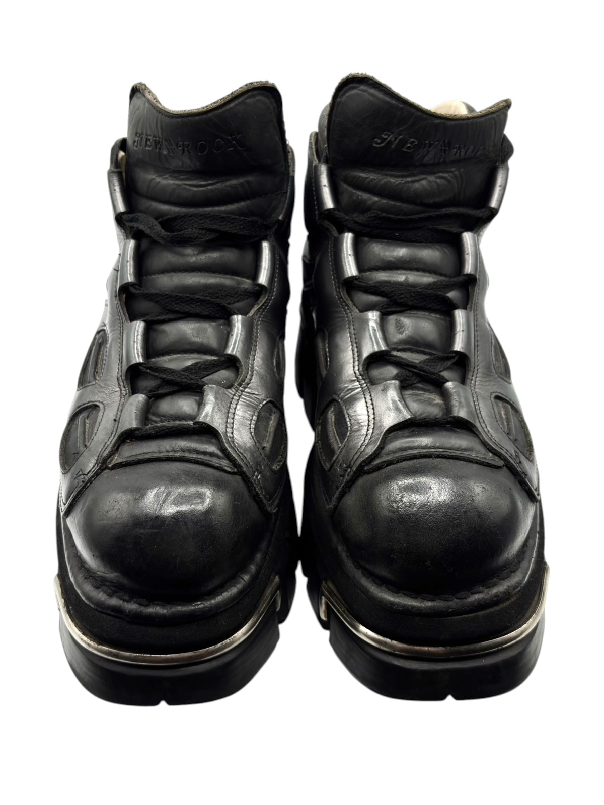 New Rock platform lace-up boots, black leather, thick sole and side buckled straps