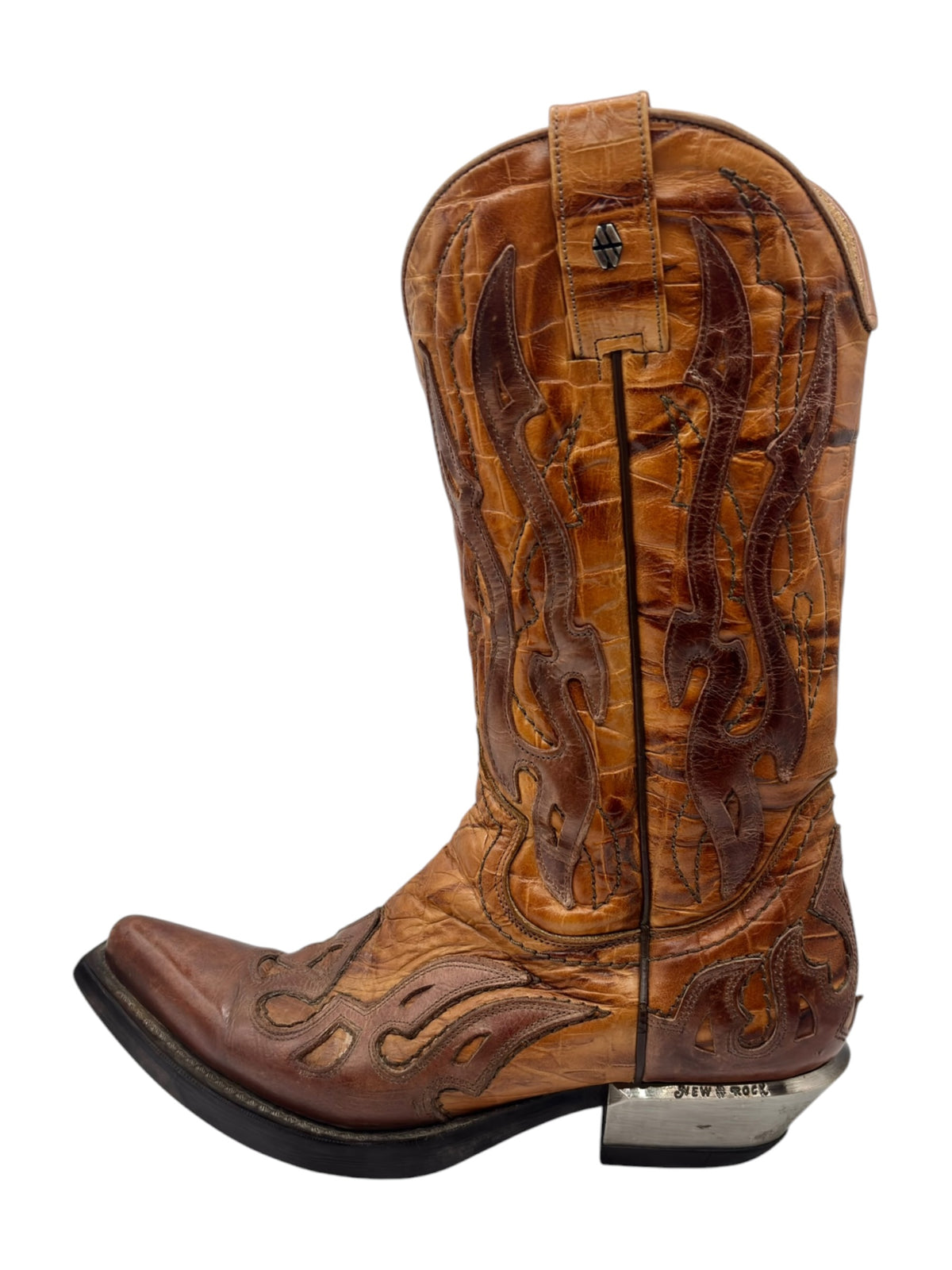 Single brown mid-calf cowboy boot with flame stitching and stacked heel