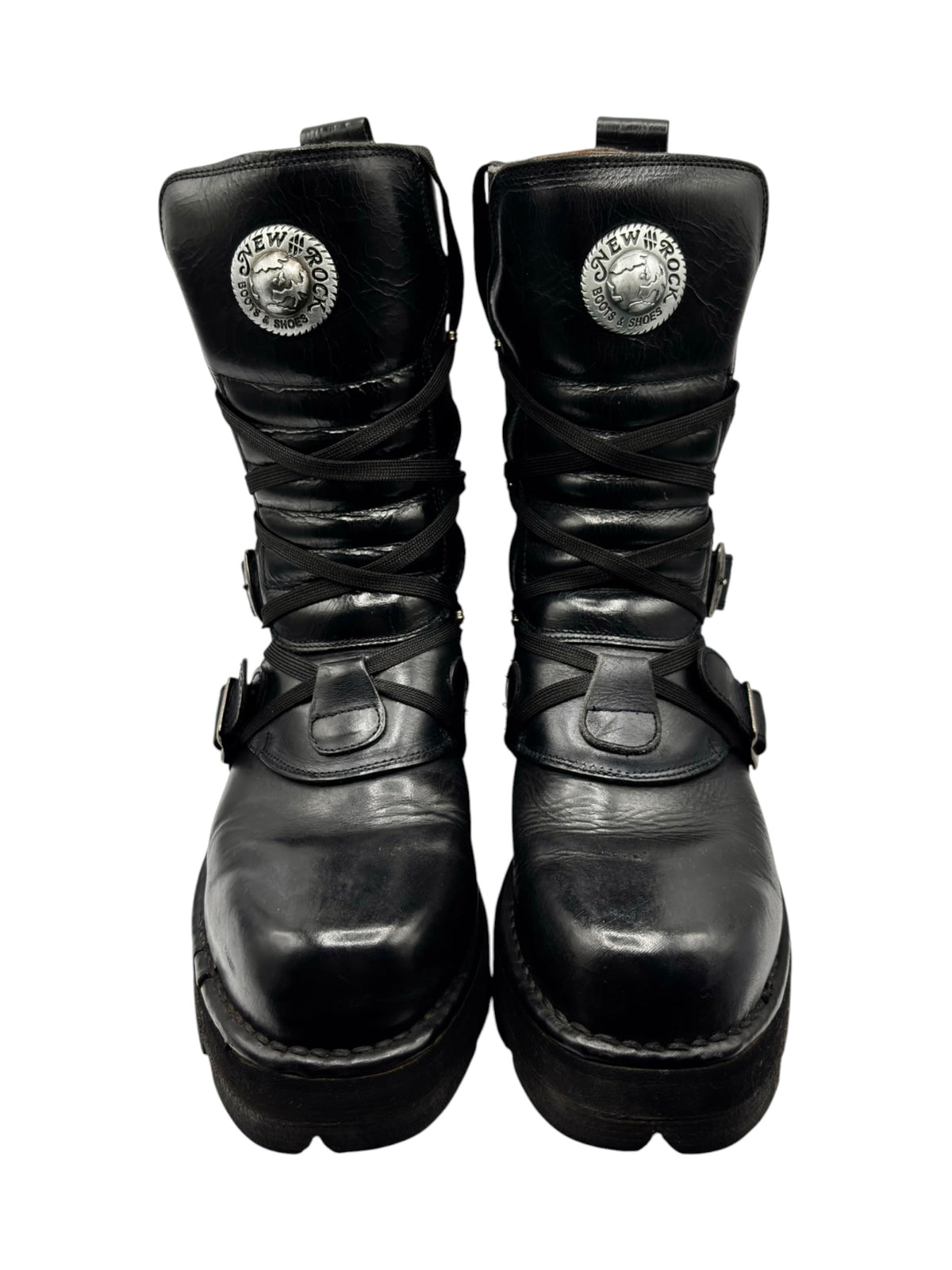 Vintage New Rock black leather lace-up platform boots with raised heel and side buckles