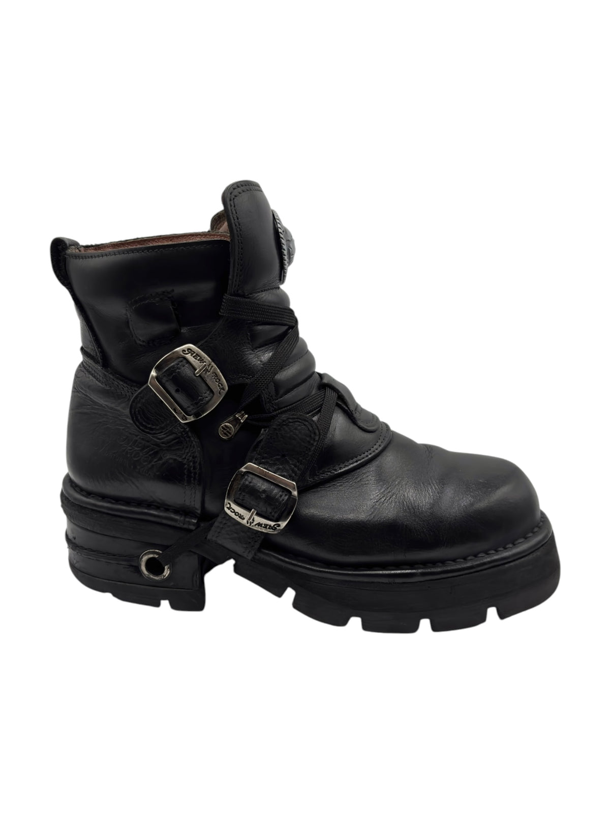 Black vintage raised-heel leather boots with metal buckle and side straps