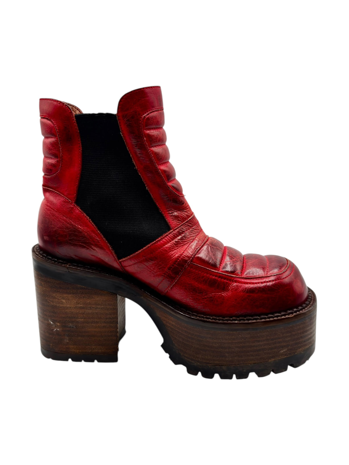 Red leather ankle boots with black elastic gore and thick platform block heel