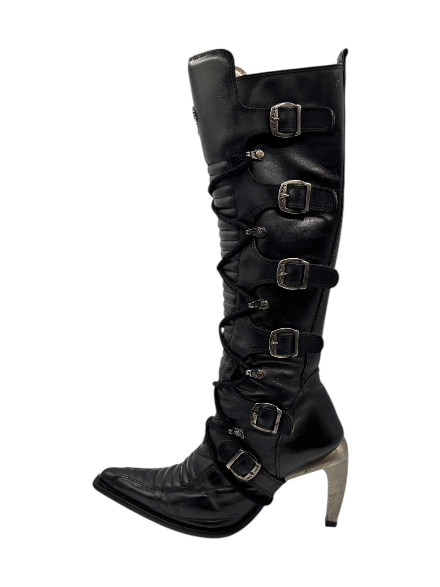 Vintage New Rock knee high leather biker heels size 38