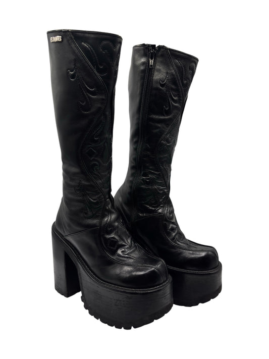 Black knee-high leather platform boots with block heels and side zipper closures