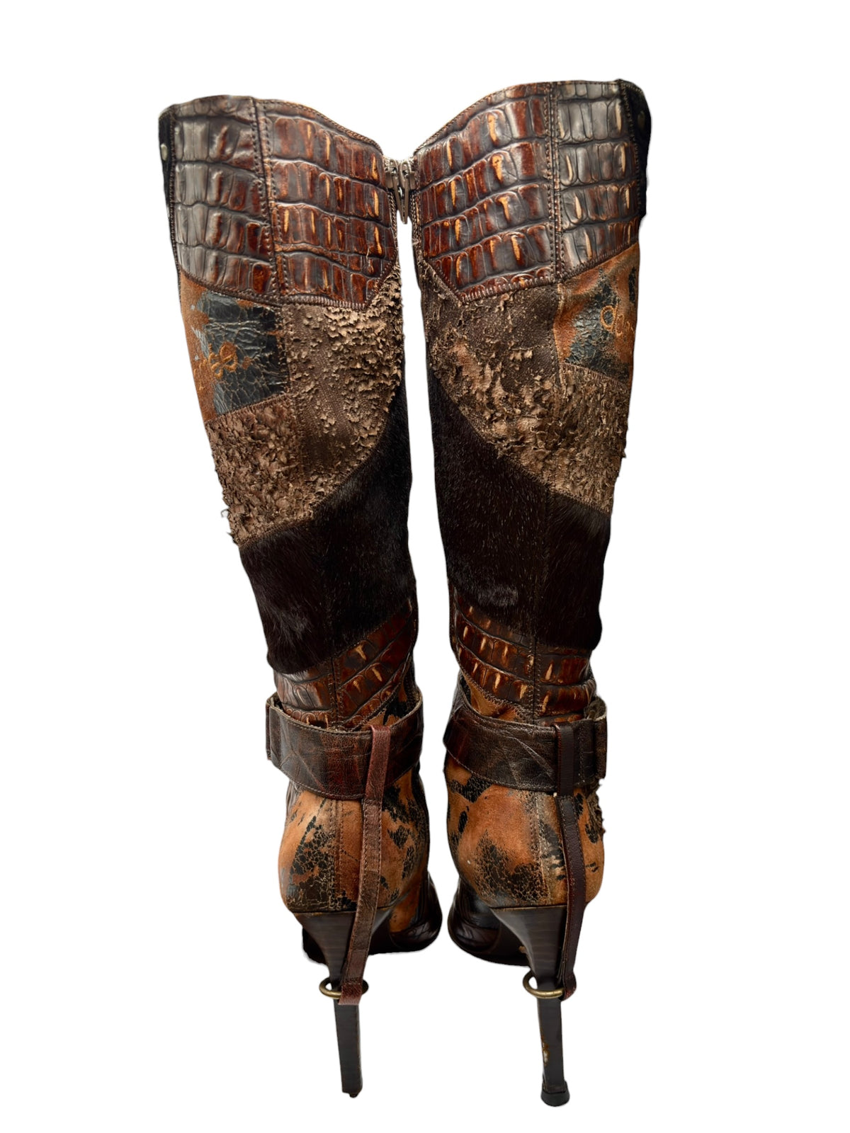 Vintage knee-high patchwork boots in dark brown with pointed toe and stiletto heels.