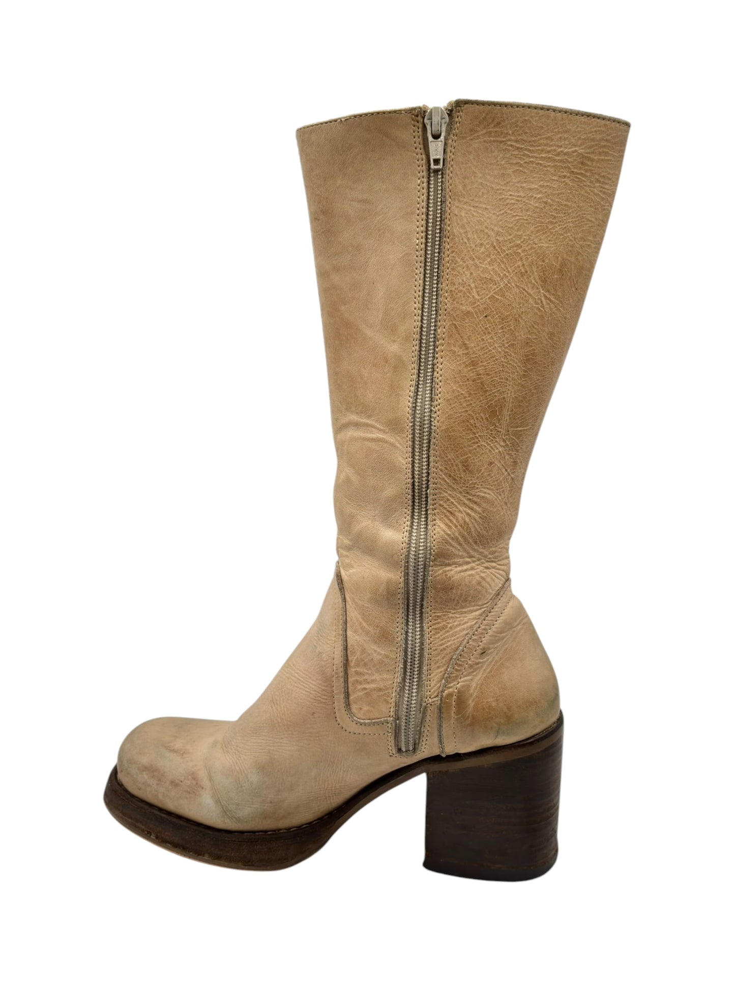 Vintage Destroy beige knee high block platform leather boots