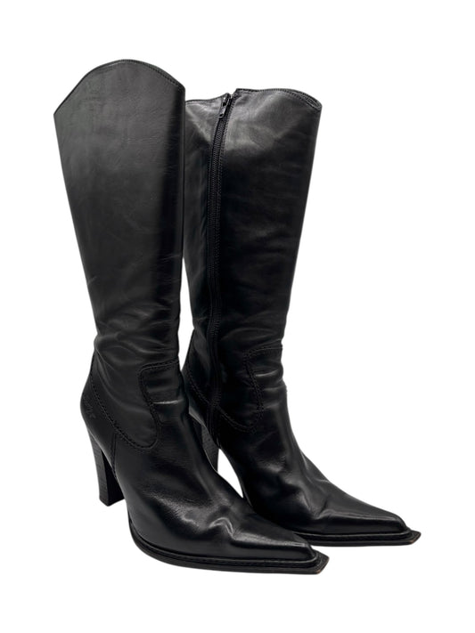 Black leather mid-calf boots with pointed toe and stacked heel