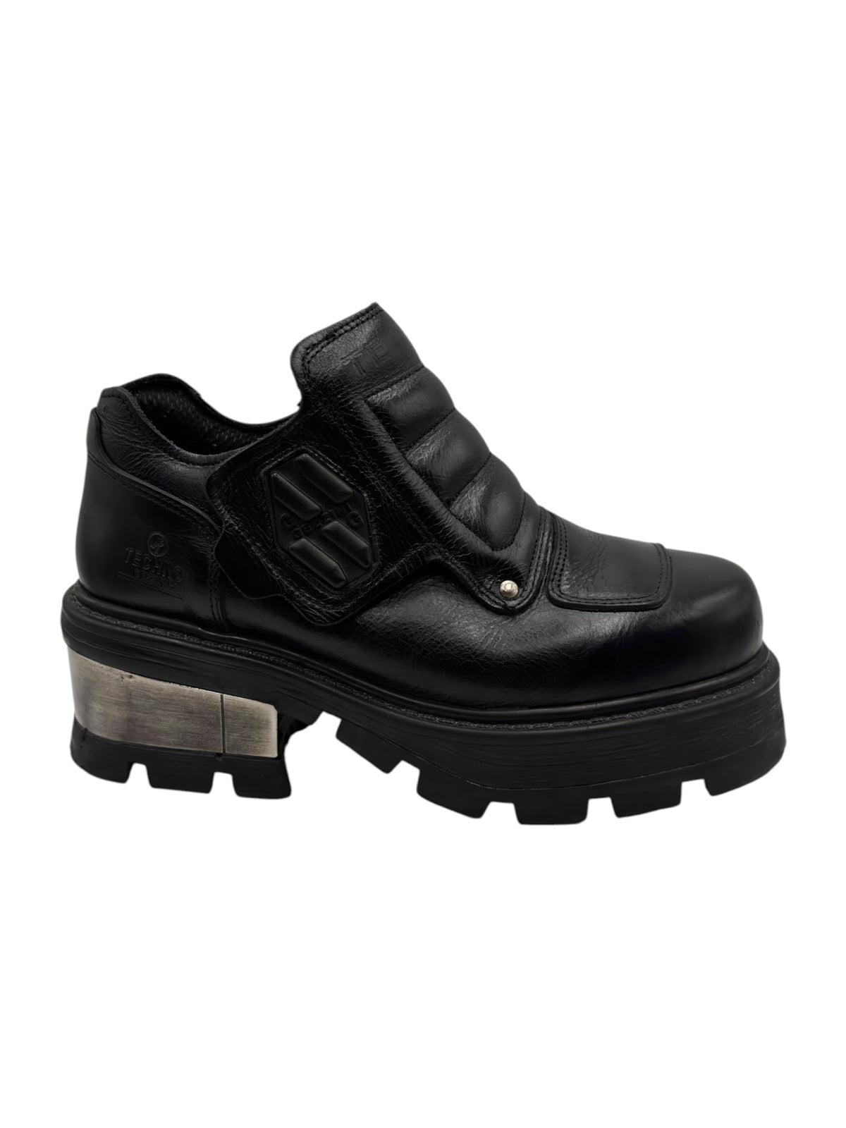 Black ankle platform boots with two strap overlays and small metal eyelet accents