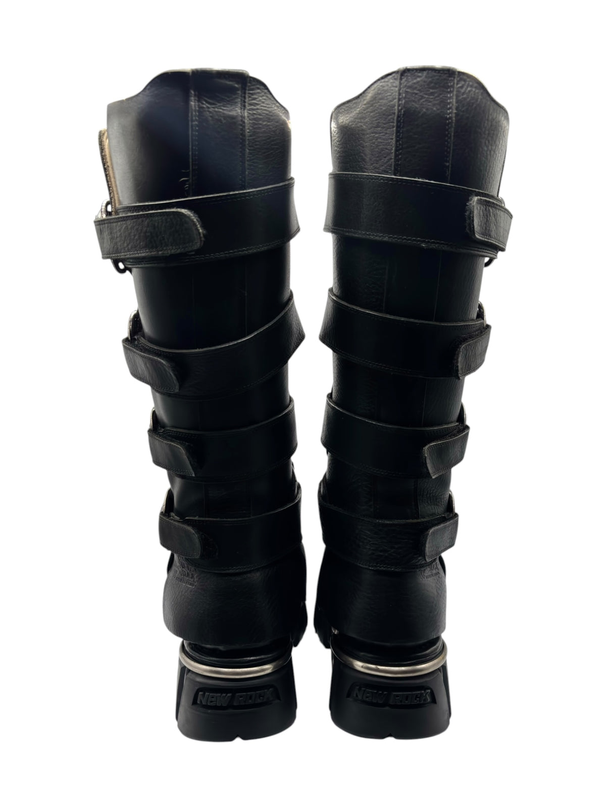 Knee-high boots, dark black, stacked strap bands and chunky lug sole