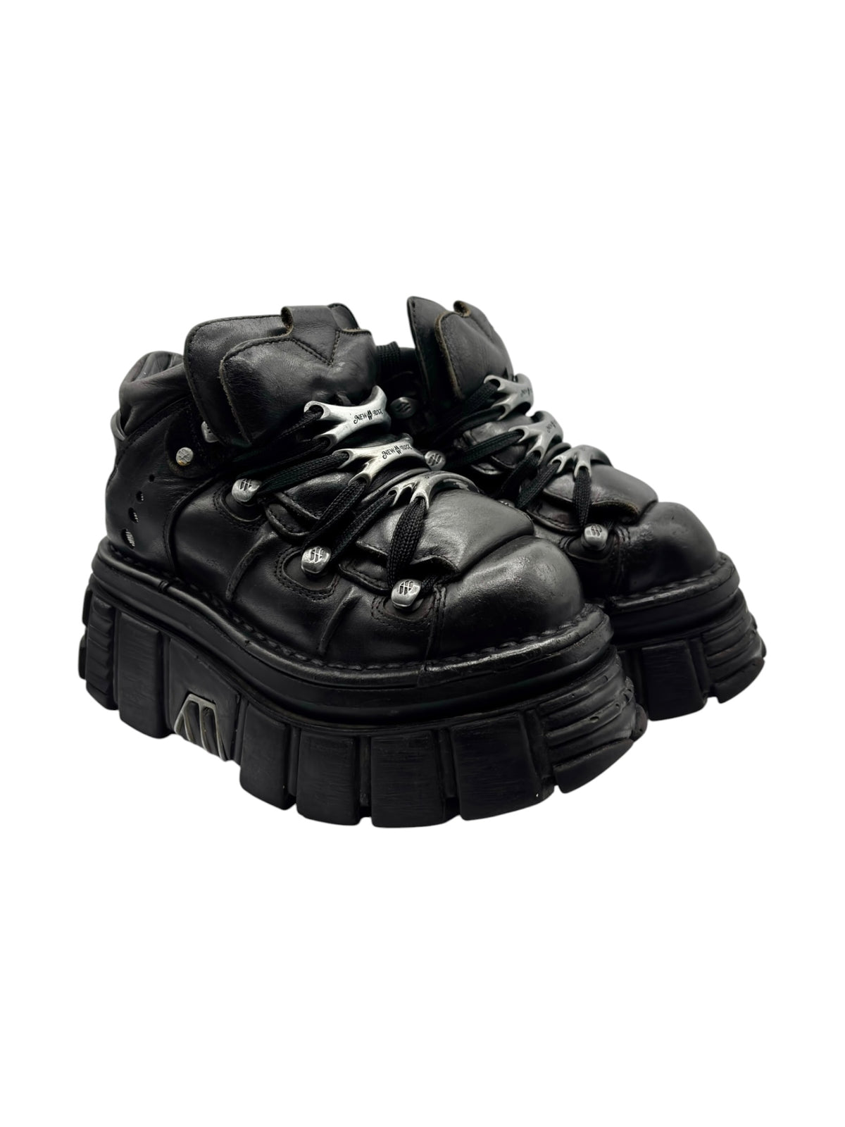 Black lace-up platform boots front 3/4 view with chunky lug sole