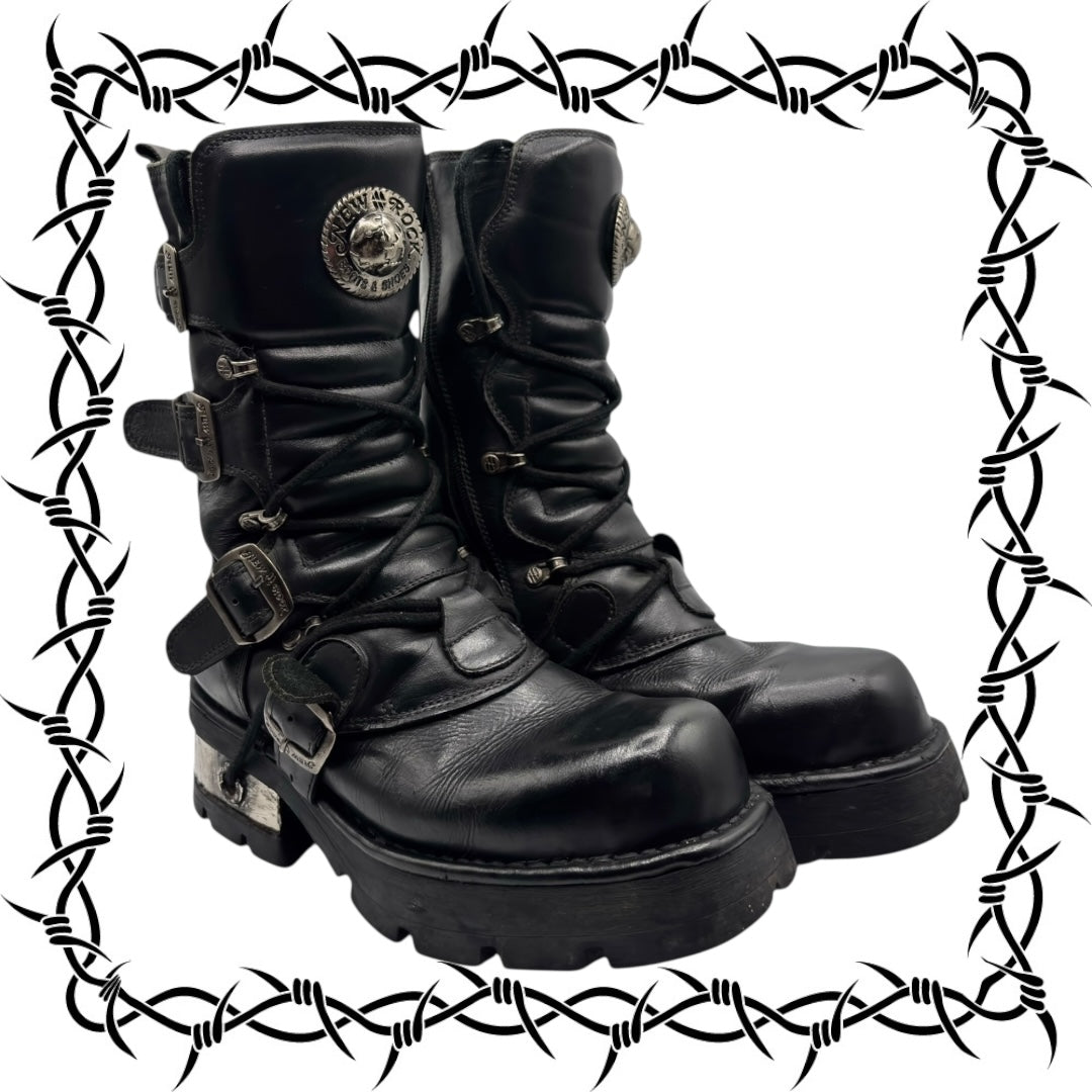 Vintage New Rock buckled raised-heel mid-calf leather boots size 40