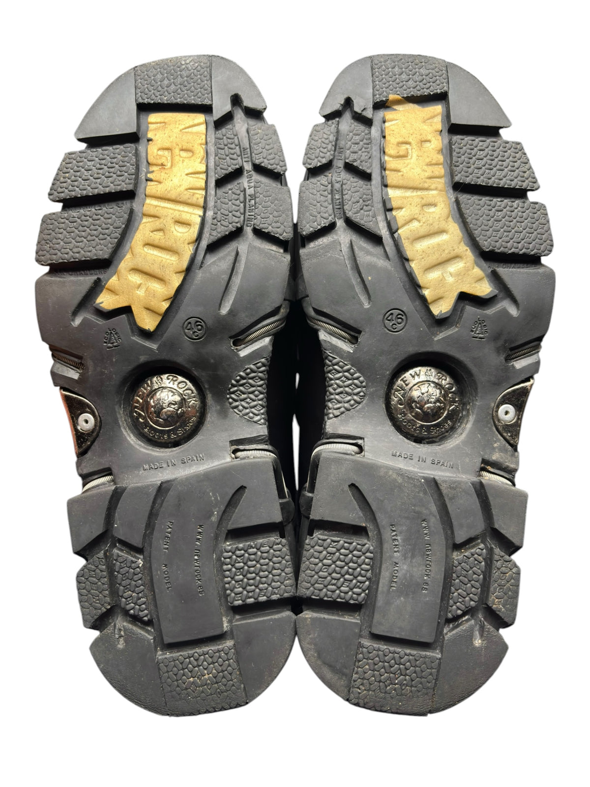Pair of New Rock vintage platform boot soles with chunky tread and yellow inserts