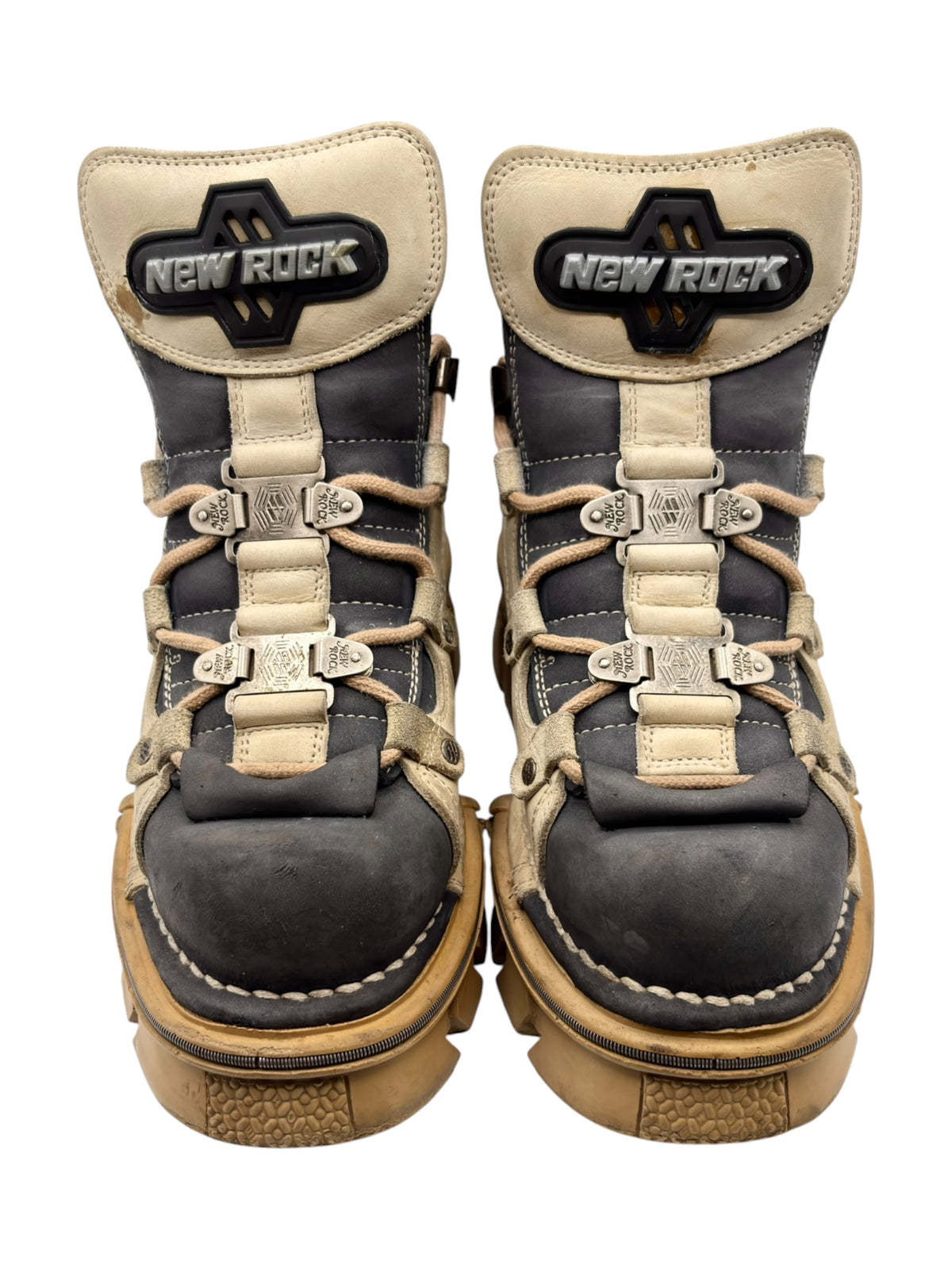 Vintage New Rock platform boots in beige and dark panels with buckles and rugged tread soles