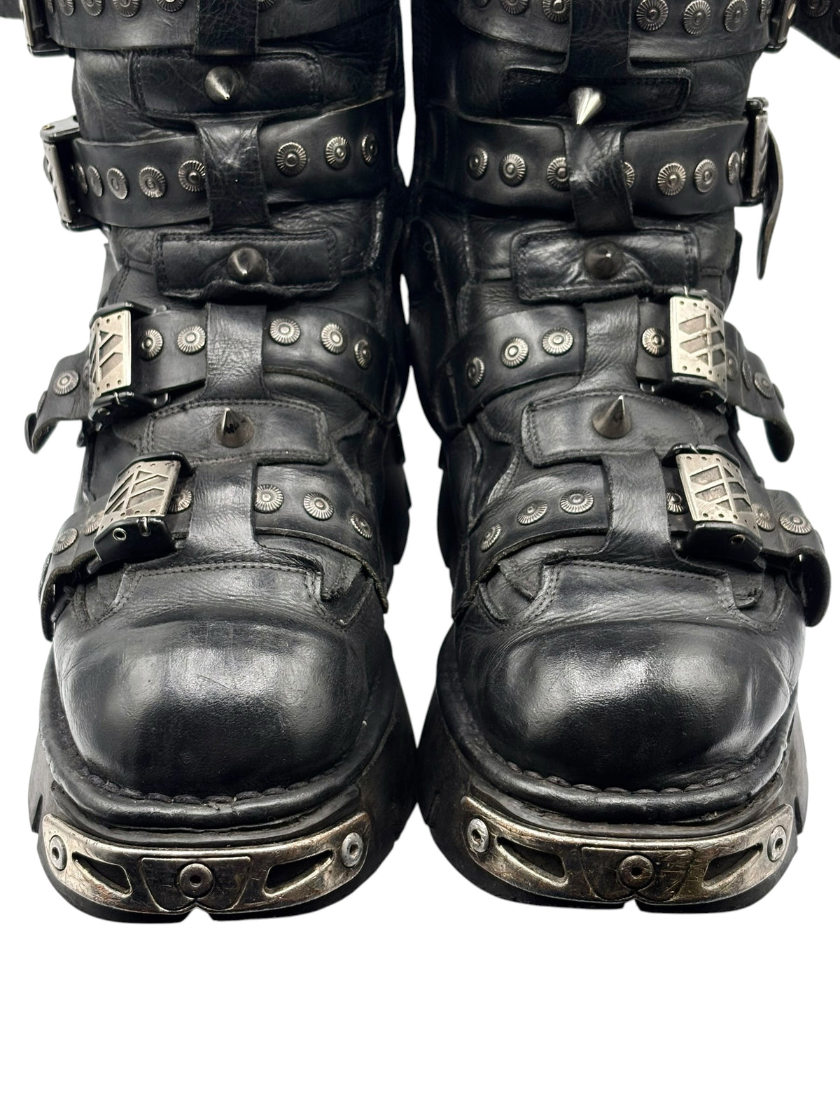 Black studded leather platform boots, close view of toe and metal studs