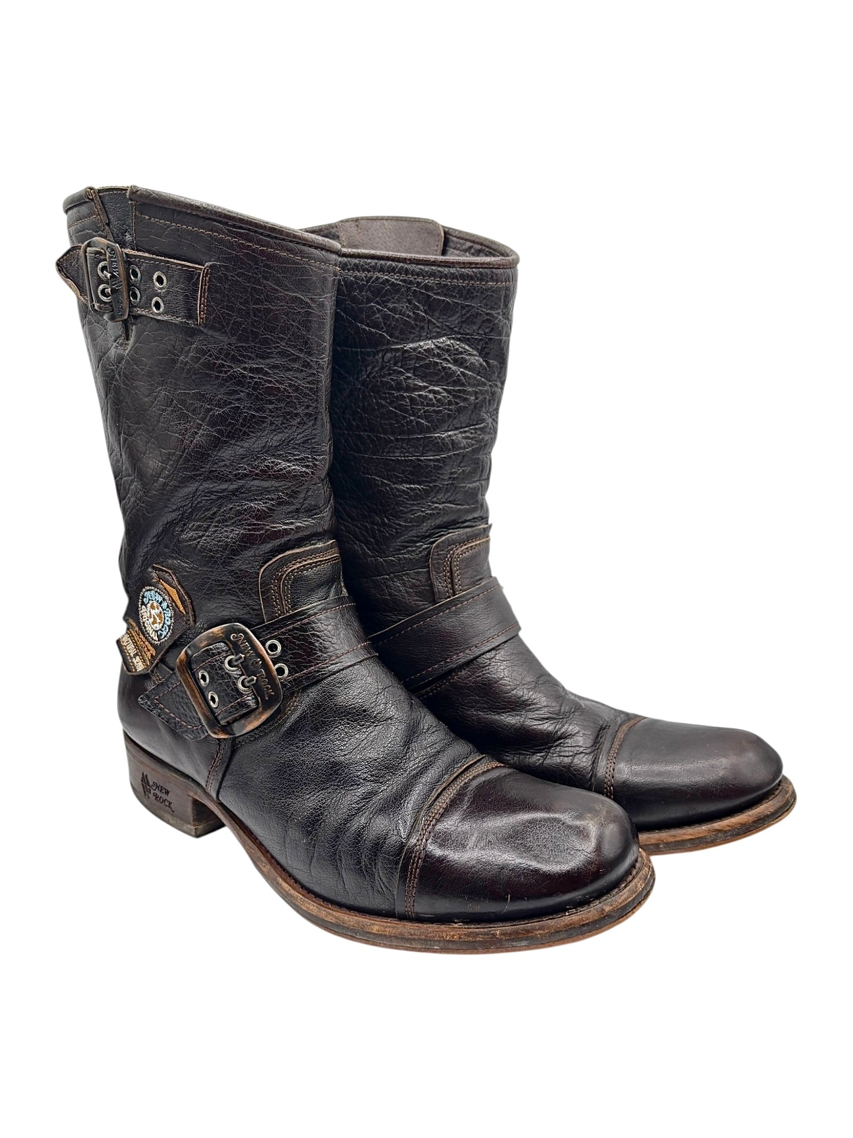 Vintage New Rock dark brown hand-made leather motorcycle boots size 44