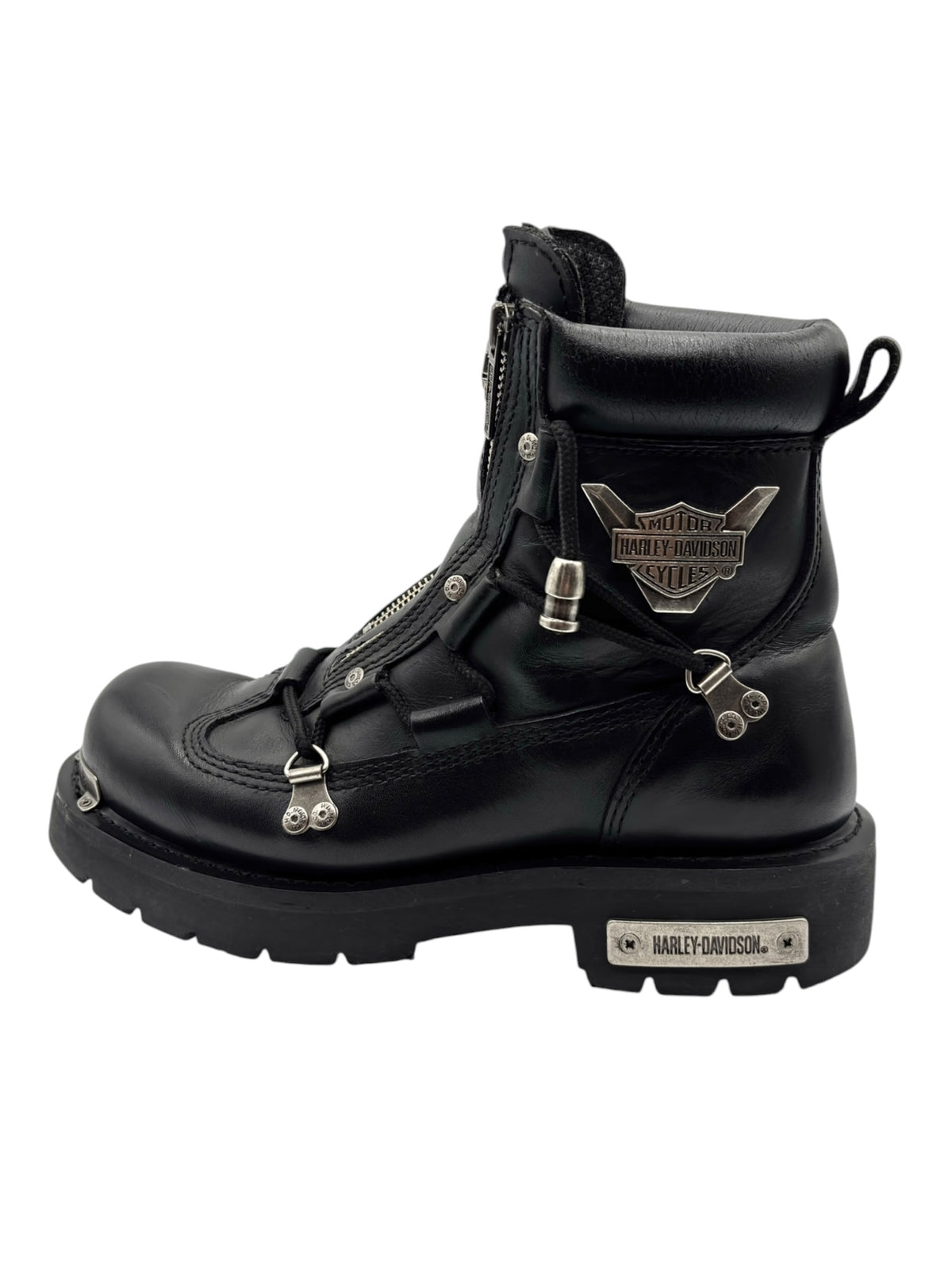 Black leather double-zipper boot with side wing emblem and lace hooks