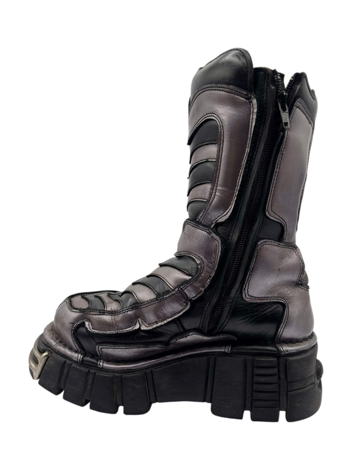 Black lace-up platform boots with raised toe stitching and chunky step-down sole
