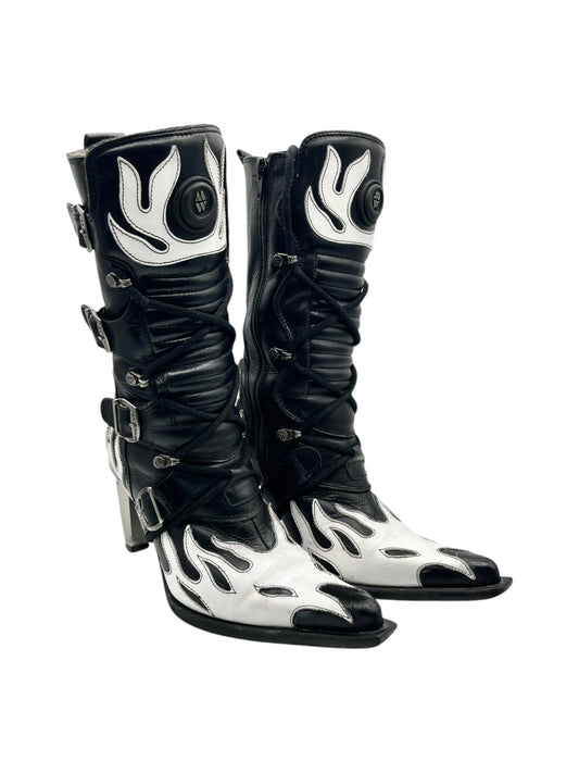Pointed toe biker boots with white flame panels, black leather, high heel