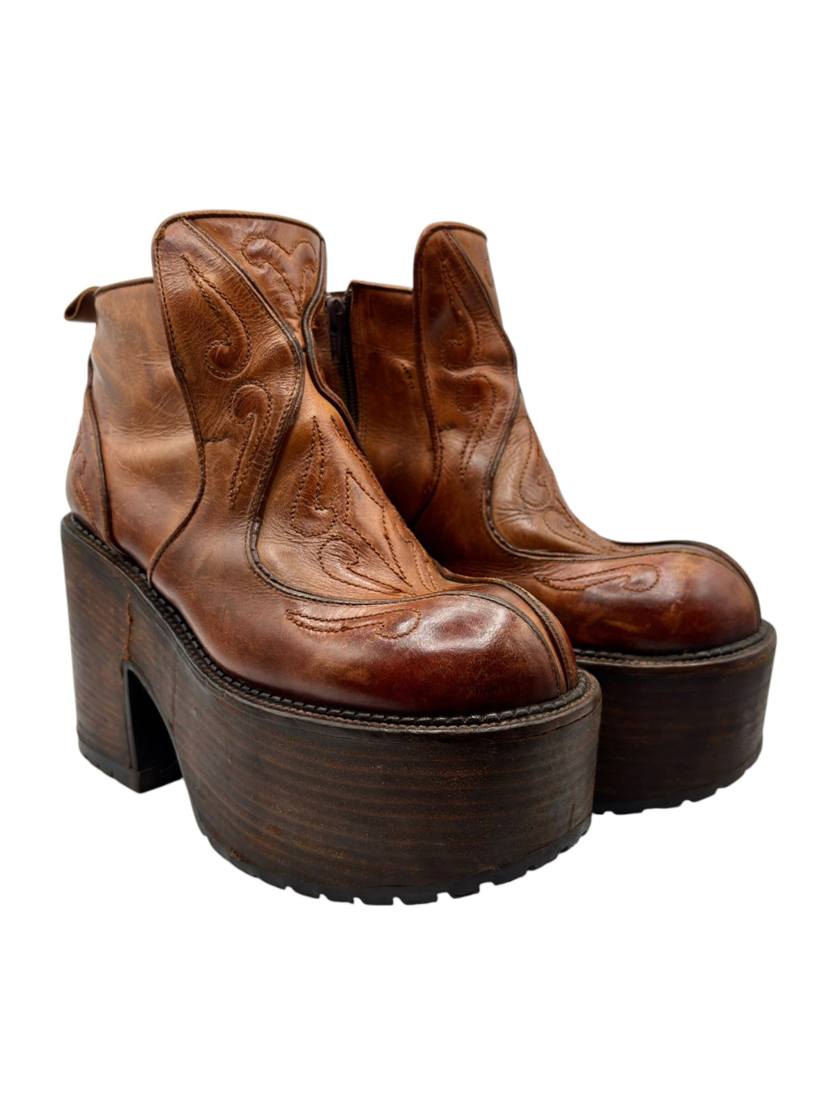 Brown leather platform ankle boots with chunky block heel and side decorative stitching