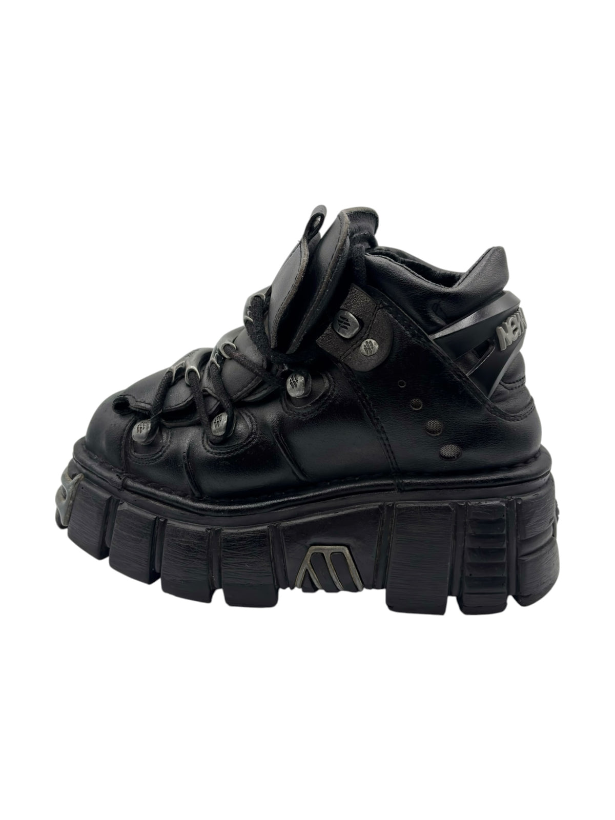 New Rock black platform lace-up boots with thick rubber sole and buckled straps