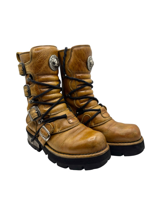 Vintage leather lace-up ankle boots, brown-yellow with buckle straps and chunky black sole