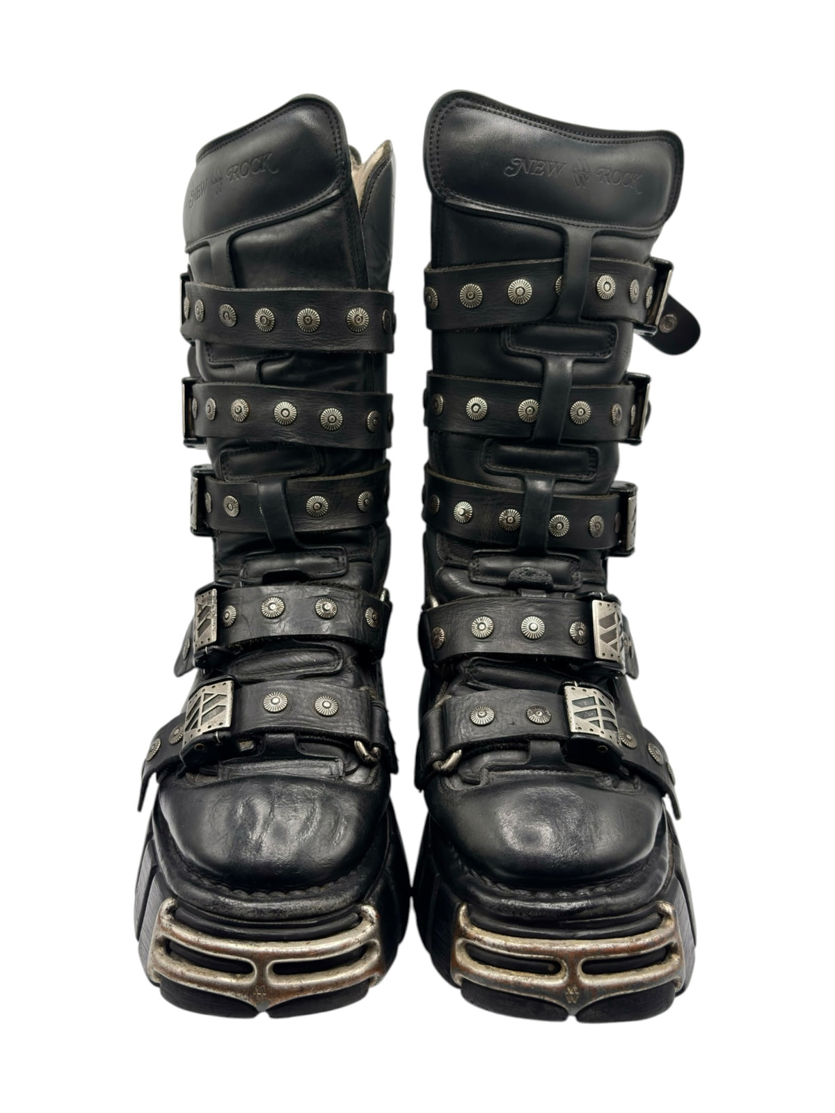 Black New Rock vintage strap boots with metal studs and buckles, chunky platform soles